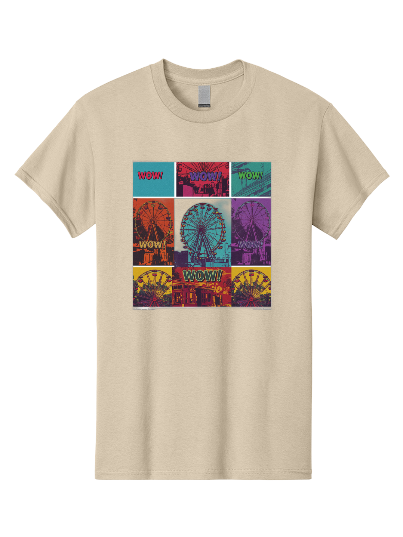 Wow-Ferris-Wheel-Collage Men'S Graphic Tee, 100% Cotton, Comfortable Casual Summer Wear, Machine Washable, Ferris Wheel At Carnival, Amusement Park, Colorful Graphics, Vibrant Colors, Wow Expression, Pop Art Style, Funfair, Thrill Ride, Bad932 4