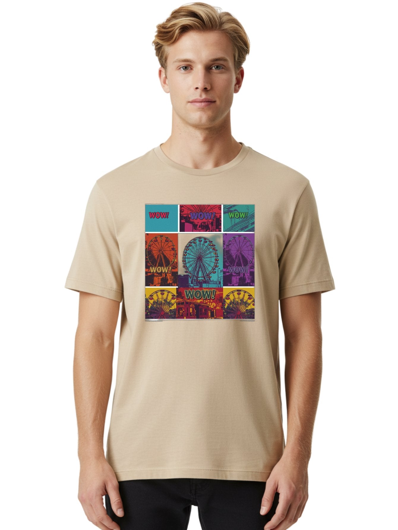 Wow-Ferris-Wheel-Collage Men'S Graphic Tee, 100% Cotton, Comfortable Casual Summer Wear, Machine Washable, Ferris Wheel At Carnival, Amusement Park, Colorful Graphics, Vibrant Colors, Wow Expression, Pop Art Style, Funfair, Thrill Ride, Bad932 27
