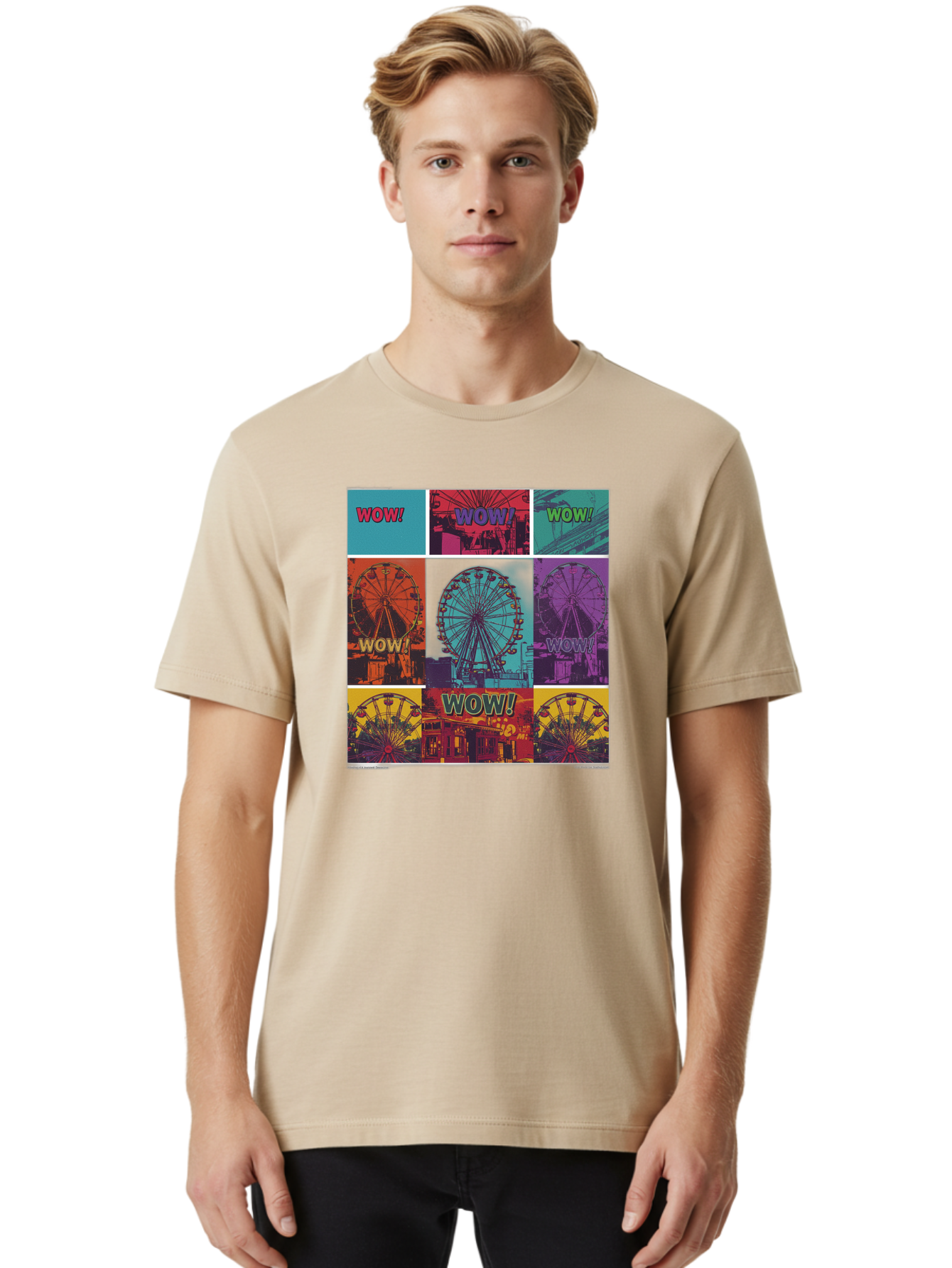 Wow-Ferris-Wheel-Collage Men'S Graphic Tee, 100% Cotton, Comfortable Casual Summer Wear, Machine Washable, Ferris Wheel At Carnival, Amusement Park, Colorful Graphics, Vibrant Colors, Wow Expression, Pop Art Style, Funfair, Thrill Ride, Bad932 19