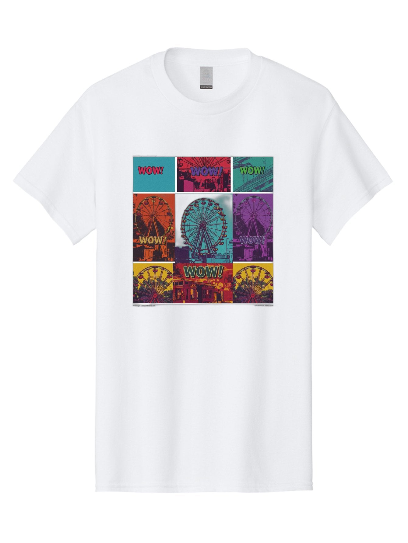 Wow-Ferris-Wheel-Collage Men'S Graphic Tee, 100% Cotton, Comfortable Casual Summer Wear, Machine Washable, Ferris Wheel At Carnival, Amusement Park, Colorful Graphics, Vibrant Colors, Wow Expression, Pop Art Style, Funfair, Thrill Ride, Bad932 5