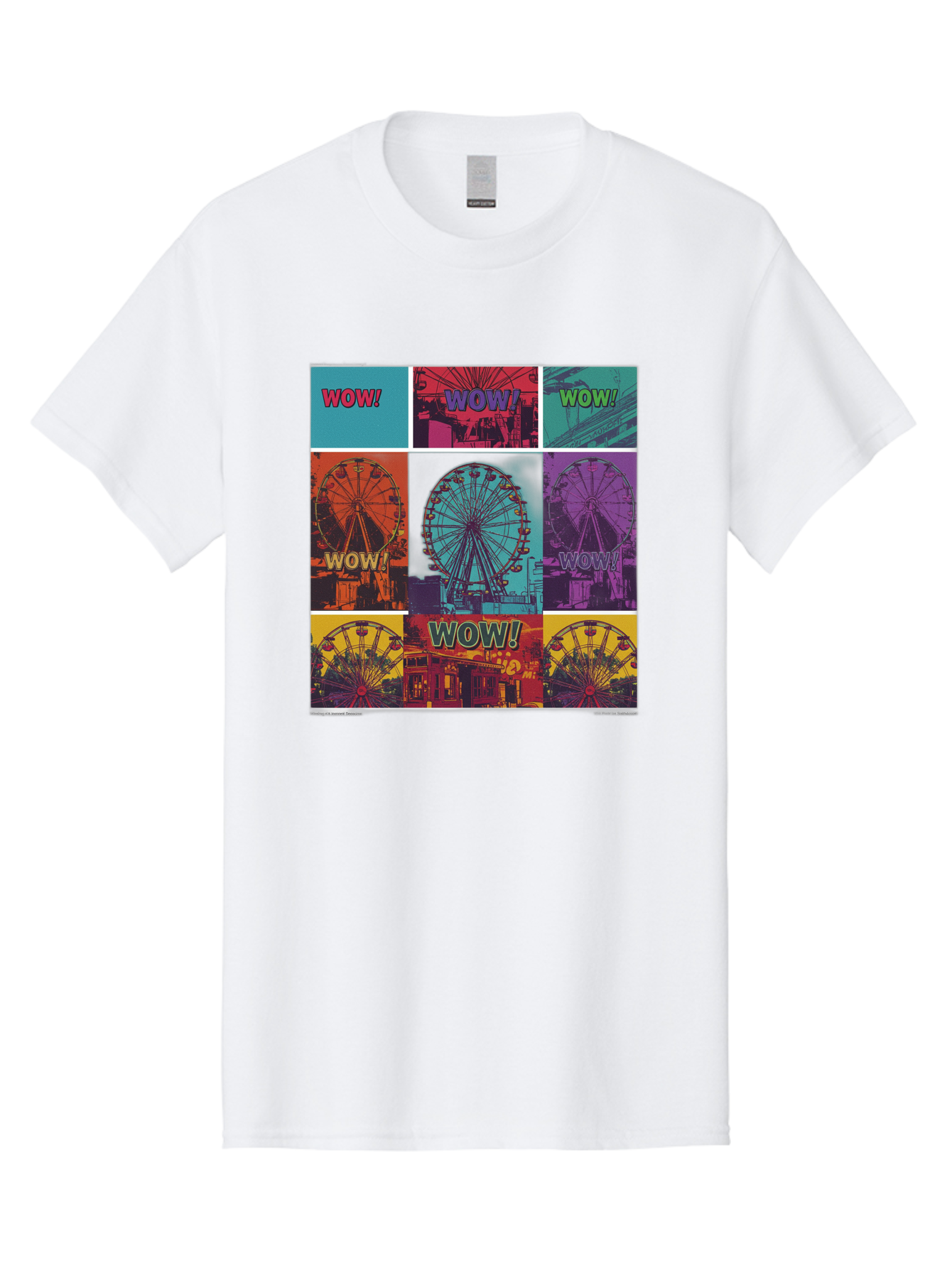 Wow-Ferris-Wheel-Collage Men'S Graphic Tee, 100% Cotton, Comfortable Casual Summer Wear, Machine Washable, Ferris Wheel At Carnival, Amusement Park, Colorful Graphics, Vibrant Colors, Wow Expression, Pop Art Style, Funfair, Thrill Ride, Bad932 8