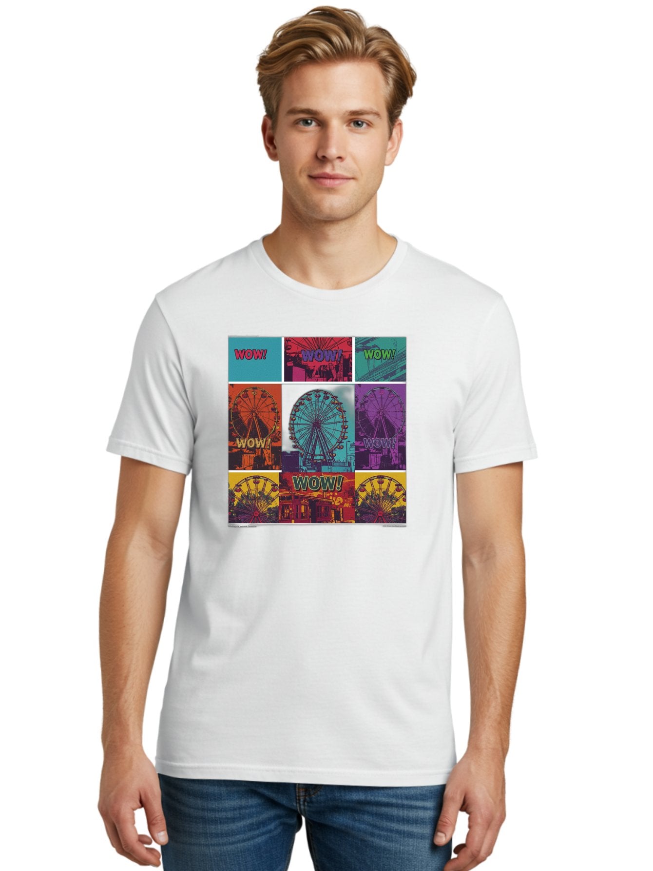 Wow-Ferris-Wheel-Collage Men'S Graphic Tee, 100% Cotton, Comfortable Casual Summer Wear, Machine Washable, Ferris Wheel At Carnival, Amusement Park, Colorful Graphics, Vibrant Colors, Wow Expression, Pop Art Style, Funfair, Thrill Ride, Bad932 23