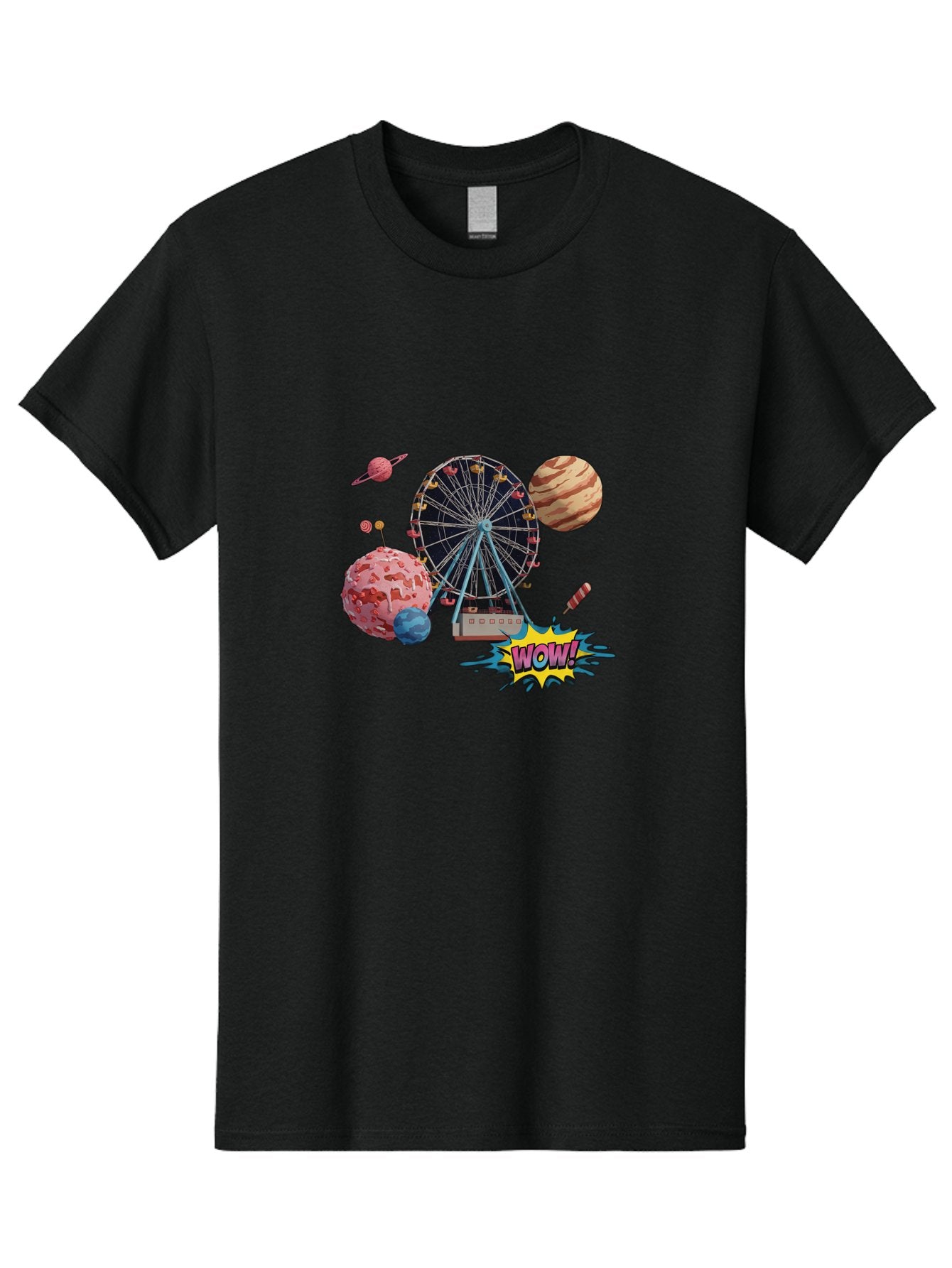 Wow Men'S Graphic Tee, 100% Cotton, Comfortable Casual Summer Wear, Machine Washable, Carnival Ferris Wheel, Planets, Explosion, Comic Speech Bubble, Wow Text, Colorful Illustration, Amusement Park, Whimsical Art, Fantasy Scene, Bad933 11