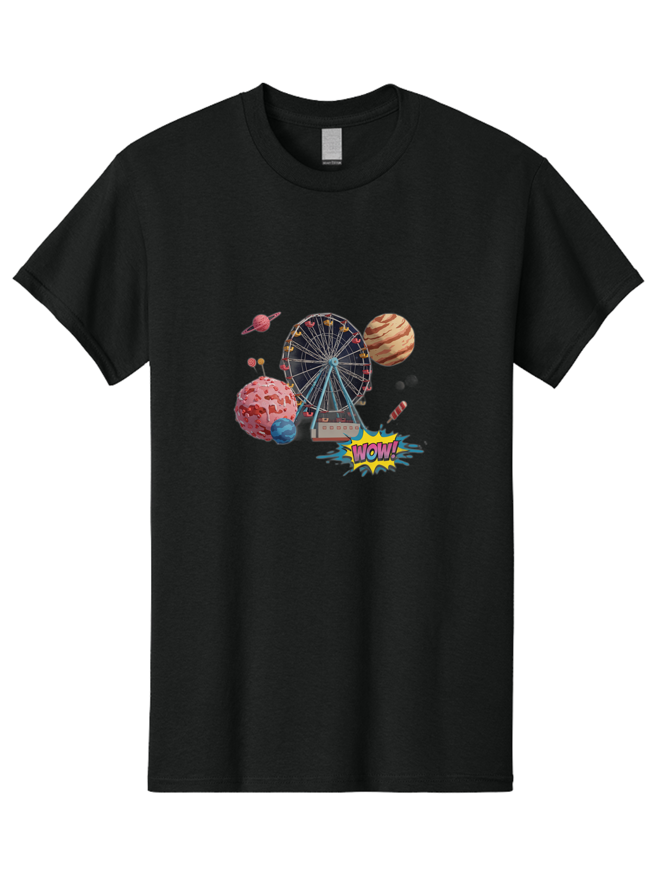 Wow Men'S Graphic Tee, 100% Cotton, Comfortable Casual Summer Wear, Machine Washable, Carnival Ferris Wheel, Planets, Explosion, Comic Speech Bubble, Wow Text, Colorful Illustration, Amusement Park, Whimsical Art, Fantasy Scene, Bad933 4