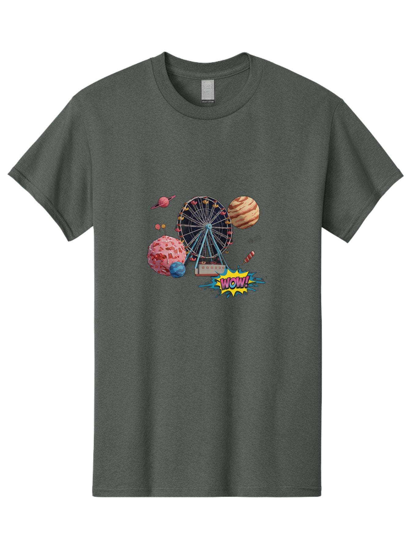 Wow Men'S Graphic Tee, 100% Cotton, Comfortable Casual Summer Wear, Machine Washable, Carnival Ferris Wheel, Planets, Explosion, Comic Speech Bubble, Wow Text, Colorful Illustration, Amusement Park, Whimsical Art, Fantasy Scene, Bad933 9