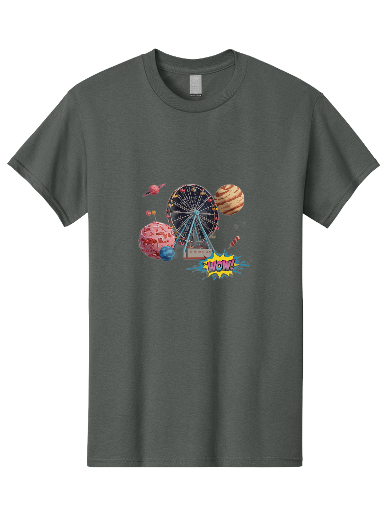Wow Men'S Graphic Tee, 100% Cotton, Comfortable Casual Summer Wear, Machine Washable, Carnival Ferris Wheel, Planets, Explosion, Comic Speech Bubble, Wow Text, Colorful Illustration, Amusement Park, Whimsical Art, Fantasy Scene, Bad933 5