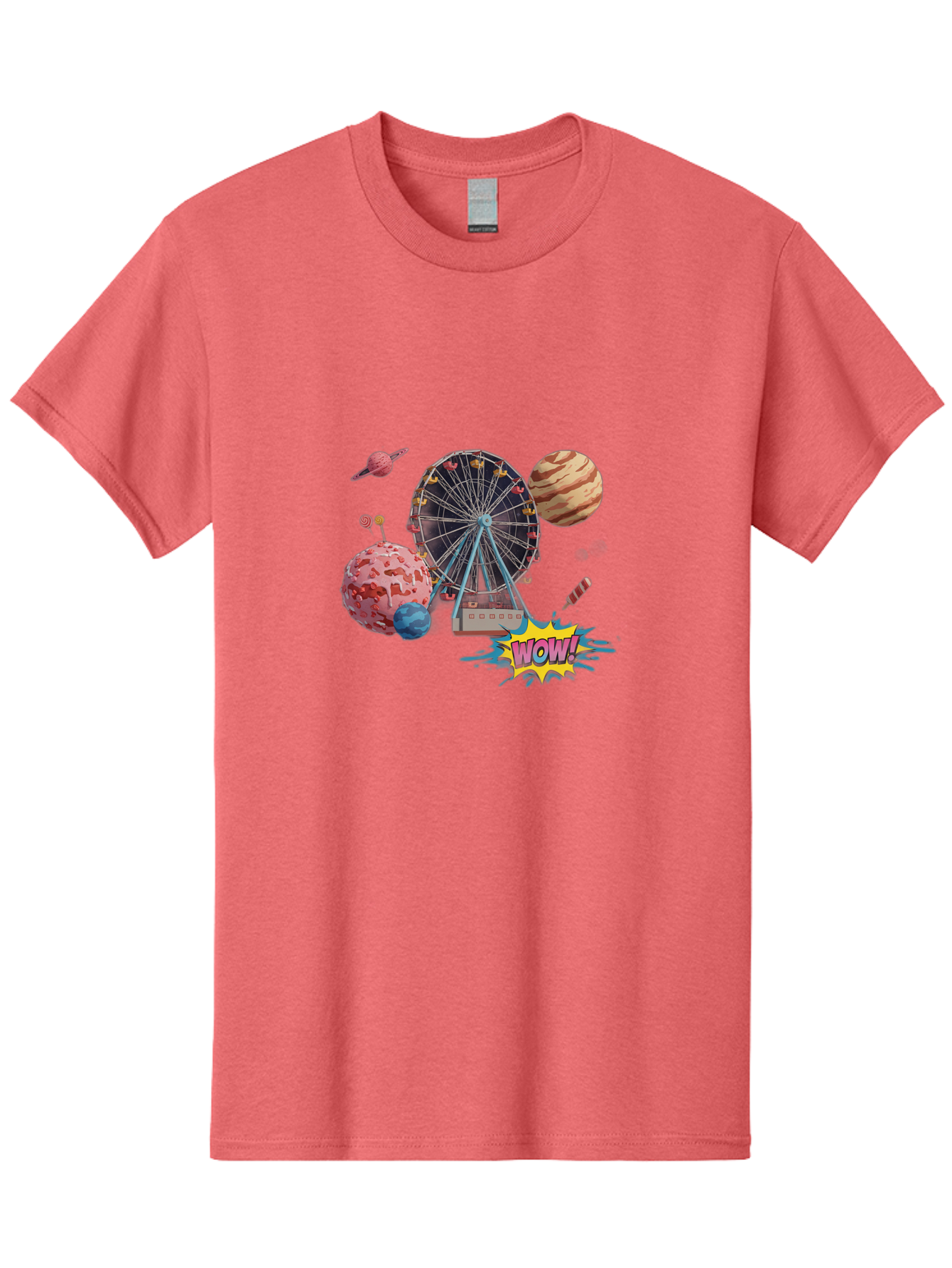 Wow Men'S Graphic Tee, 100% Cotton, Comfortable Casual Summer Wear, Machine Washable, Carnival Ferris Wheel, Planets, Explosion, Comic Speech Bubble, Wow Text, Colorful Illustration, Amusement Park, Whimsical Art, Fantasy Scene, Bad933 8