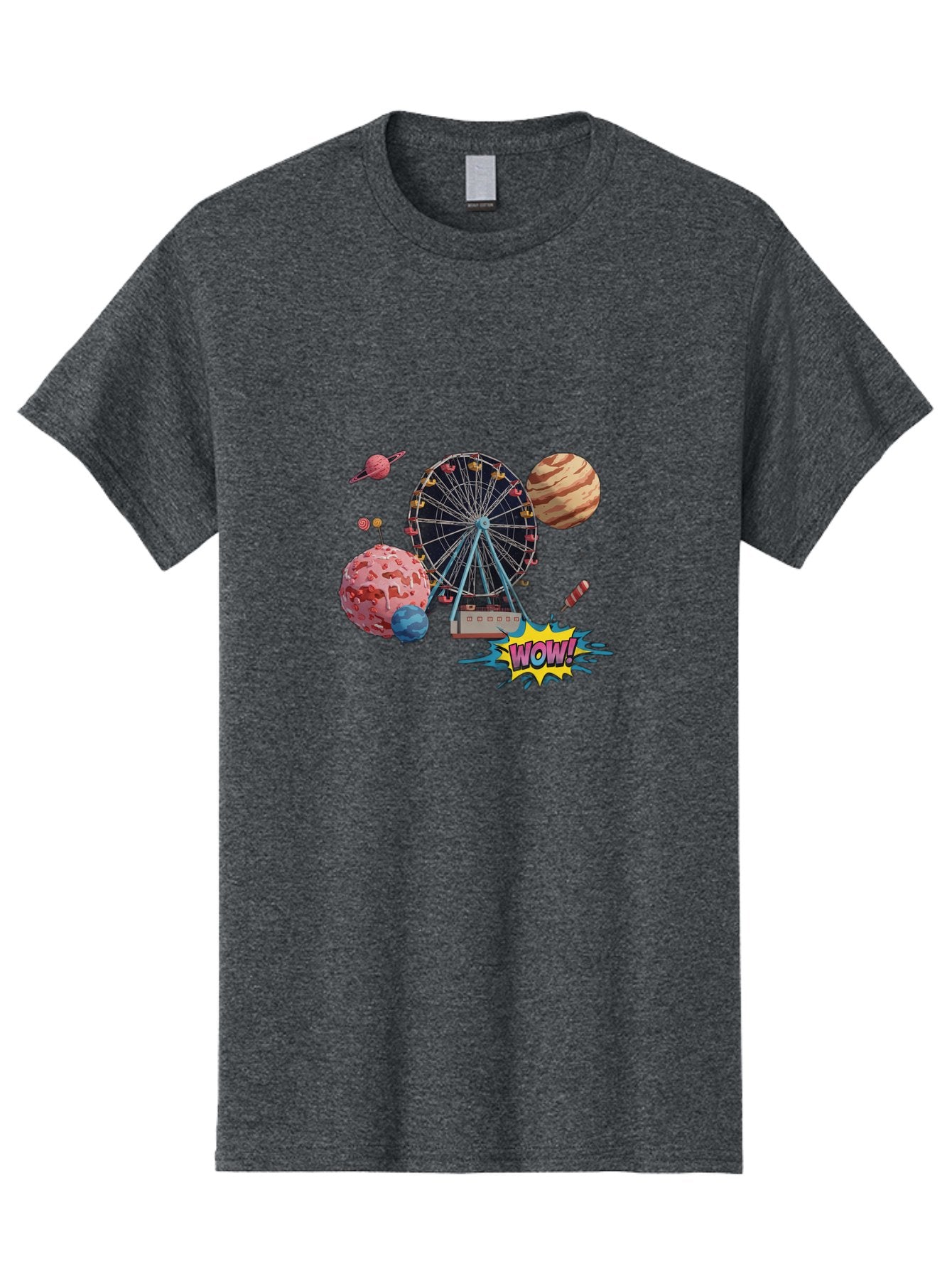 Wow Men'S Graphic Tee, 100% Cotton, Comfortable Casual Summer Wear, Machine Washable, Carnival Ferris Wheel, Planets, Explosion, Comic Speech Bubble, Wow Text, Colorful Illustration, Amusement Park, Whimsical Art, Fantasy Scene, Bad933 8