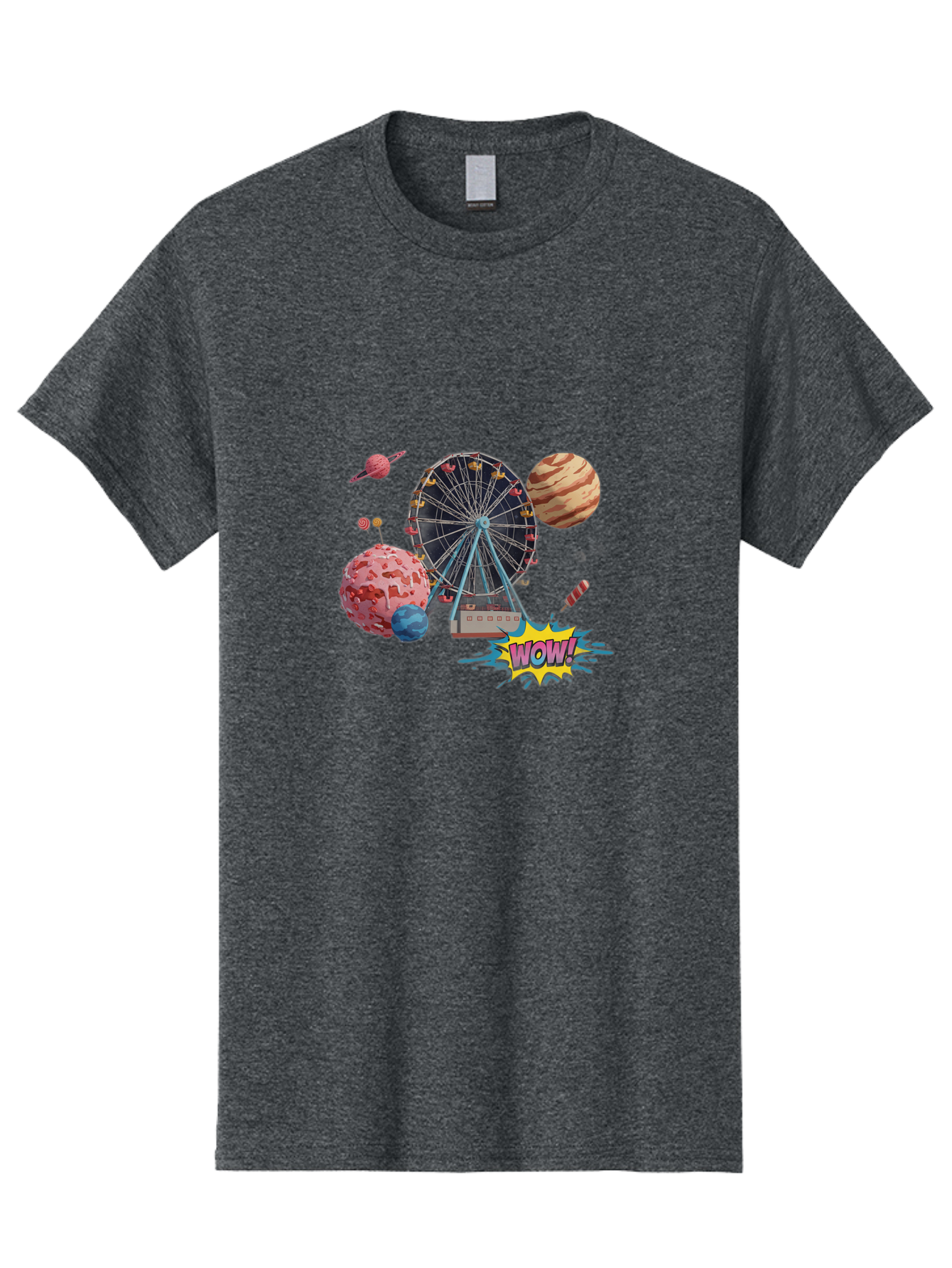 Wow Men'S Graphic Tee, 100% Cotton, Comfortable Casual Summer Wear, Machine Washable, Carnival Ferris Wheel, Planets, Explosion, Comic Speech Bubble, Wow Text, Colorful Illustration, Amusement Park, Whimsical Art, Fantasy Scene, Bad933 6