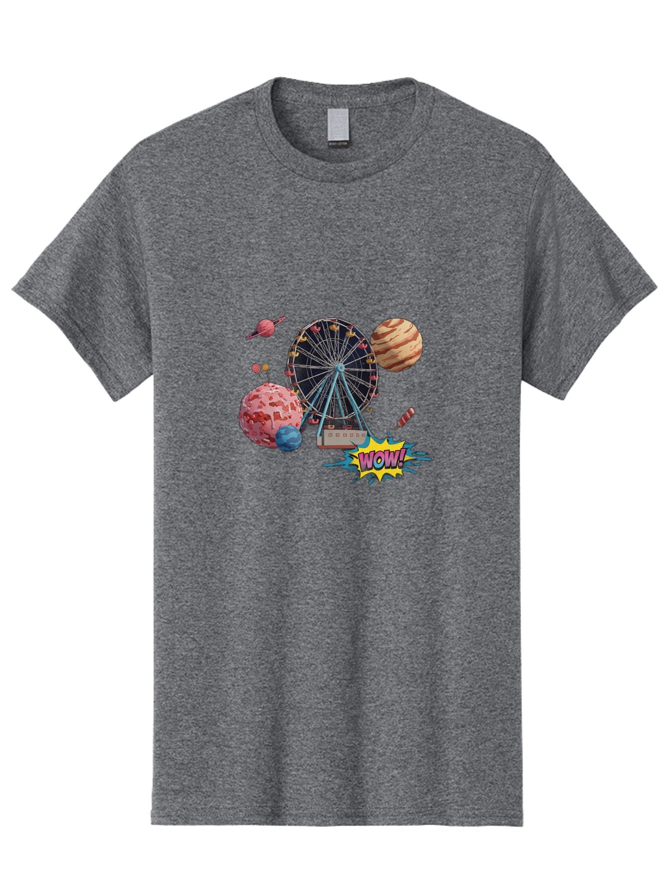 Wow Men'S Graphic Tee, 100% Cotton, Comfortable Casual Summer Wear, Machine Washable, Carnival Ferris Wheel, Planets, Explosion, Comic Speech Bubble, Wow Text, Colorful Illustration, Amusement Park, Whimsical Art, Fantasy Scene, Bad933 10