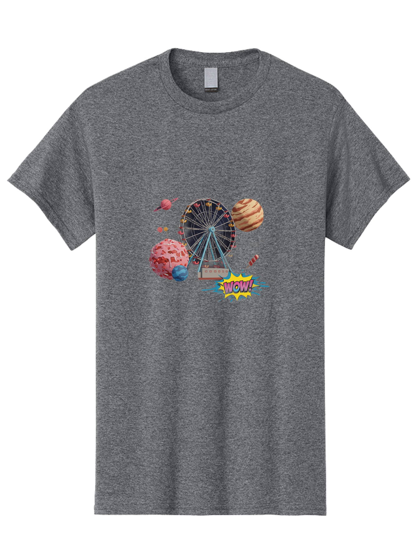 Wow Men'S Graphic Tee, 100% Cotton, Comfortable Casual Summer Wear, Machine Washable, Carnival Ferris Wheel, Planets, Explosion, Comic Speech Bubble, Wow Text, Colorful Illustration, Amusement Park, Whimsical Art, Fantasy Scene, Bad933 14