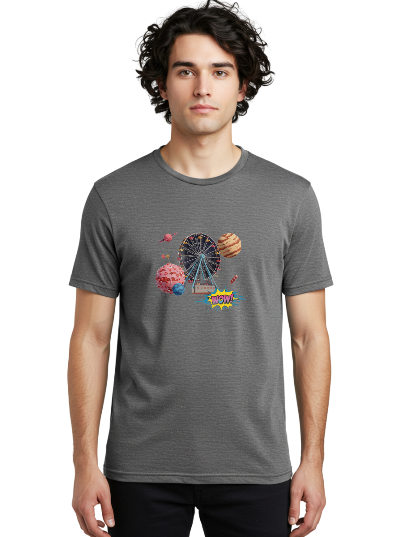 Wow Men'S Graphic Tee, 100% Cotton, Comfortable Casual Summer Wear, Machine Washable, Carnival Ferris Wheel, Planets, Explosion, Comic Speech Bubble, Wow Text, Colorful Illustration, Amusement Park, Whimsical Art, Fantasy Scene, Bad933 29