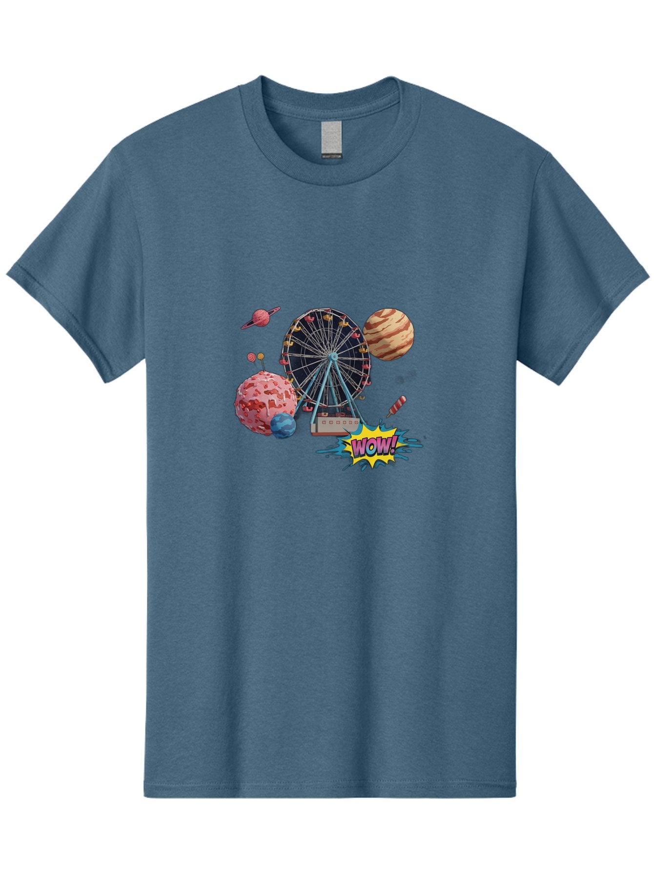 Wow Men'S Graphic Tee, 100% Cotton, Comfortable Casual Summer Wear, Machine Washable, Carnival Ferris Wheel, Planets, Explosion, Comic Speech Bubble, Wow Text, Colorful Illustration, Amusement Park, Whimsical Art, Fantasy Scene, Bad933 6