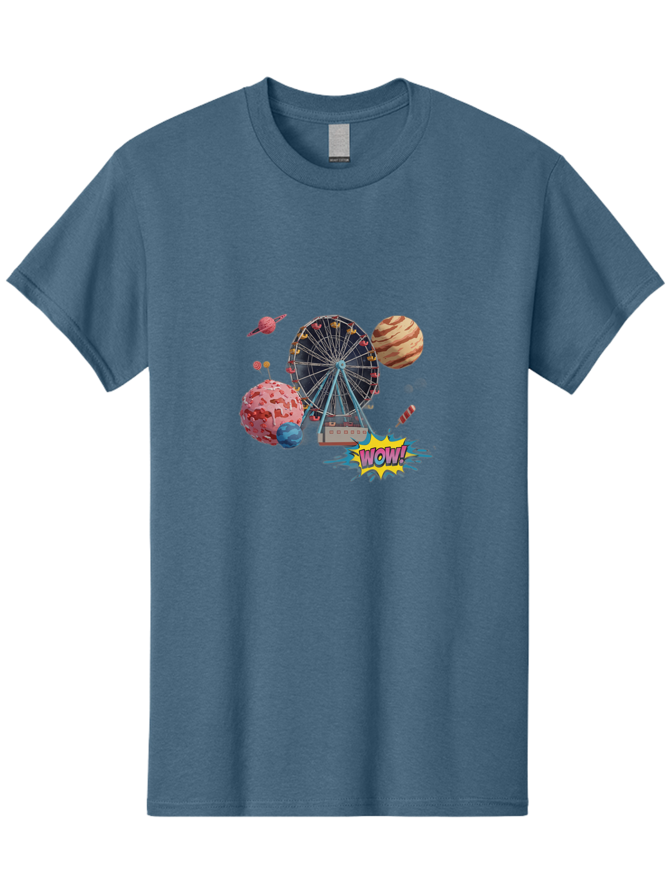 Wow Men'S Graphic Tee, 100% Cotton, Comfortable Casual Summer Wear, Machine Washable, Carnival Ferris Wheel, Planets, Explosion, Comic Speech Bubble, Wow Text, Colorful Illustration, Amusement Park, Whimsical Art, Fantasy Scene, Bad933 7