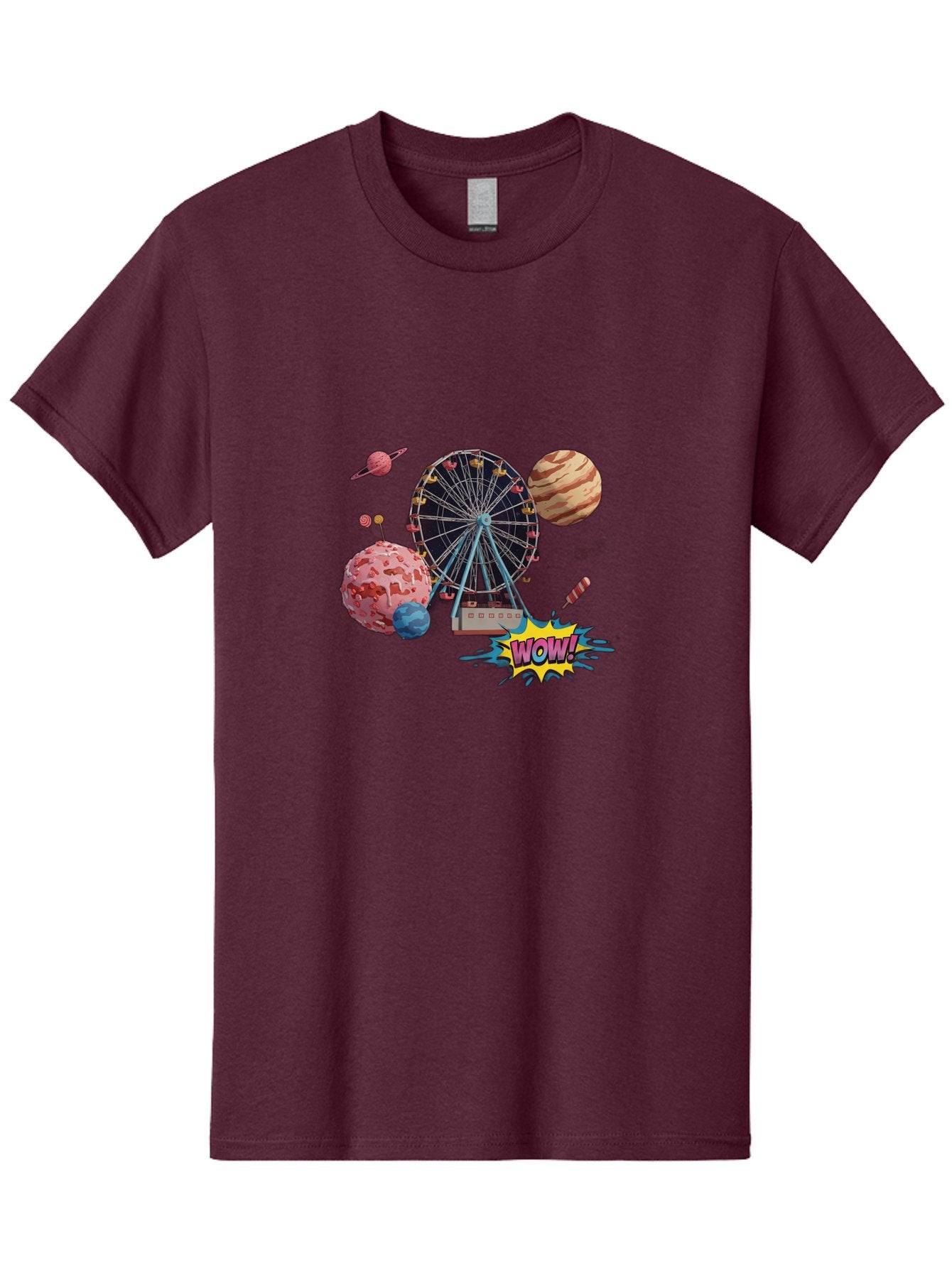 Wow Men'S Graphic Tee, 100% Cotton, Comfortable Casual Summer Wear, Machine Washable, Carnival Ferris Wheel, Planets, Explosion, Comic Speech Bubble, Wow Text, Colorful Illustration, Amusement Park, Whimsical Art, Fantasy Scene, Bad933