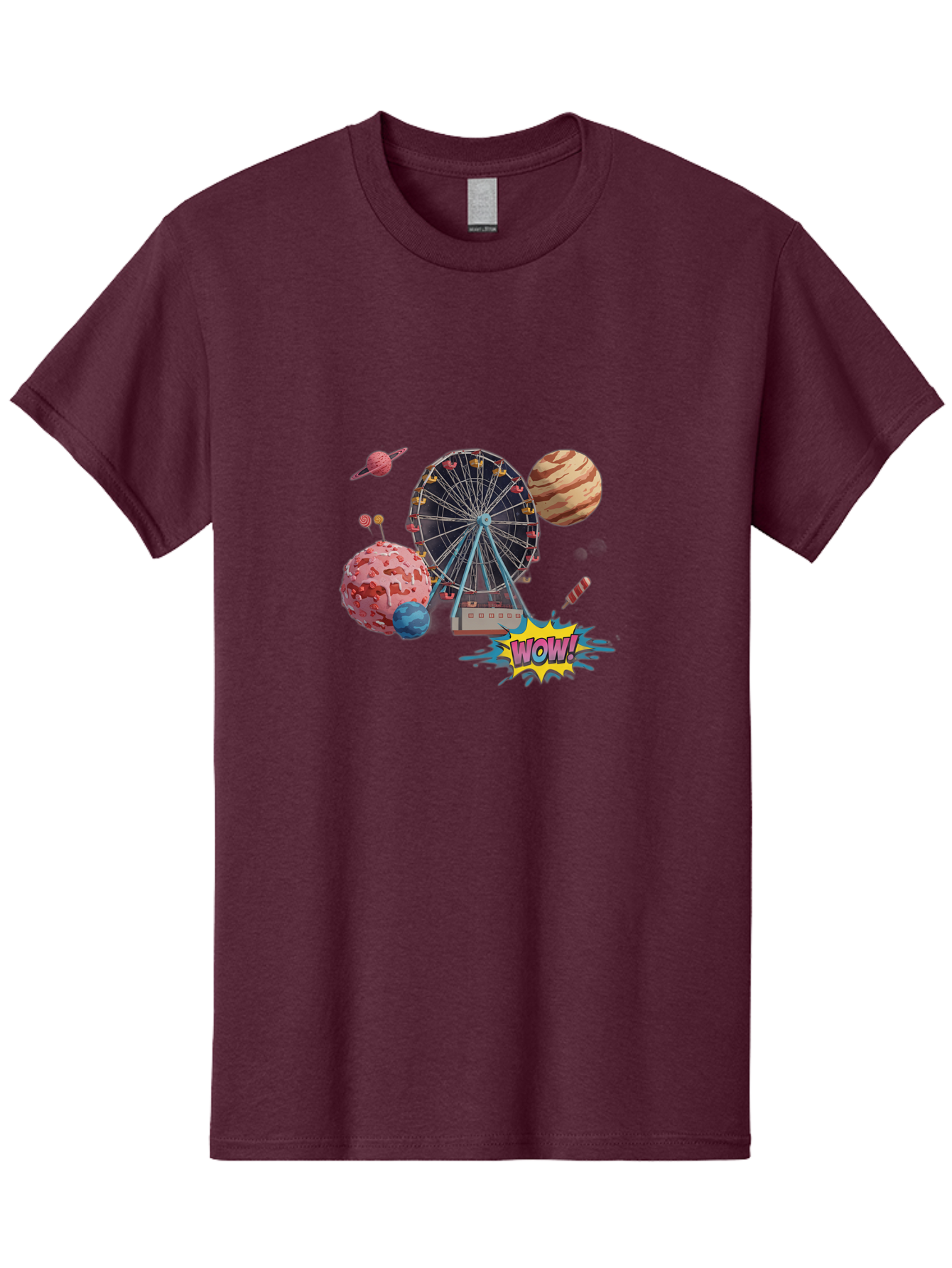 Wow Men'S Graphic Tee, 100% Cotton, Comfortable Casual Summer Wear, Machine Washable, Carnival Ferris Wheel, Planets, Explosion, Comic Speech Bubble, Wow Text, Colorful Illustration, Amusement Park, Whimsical Art, Fantasy Scene, Bad933 10