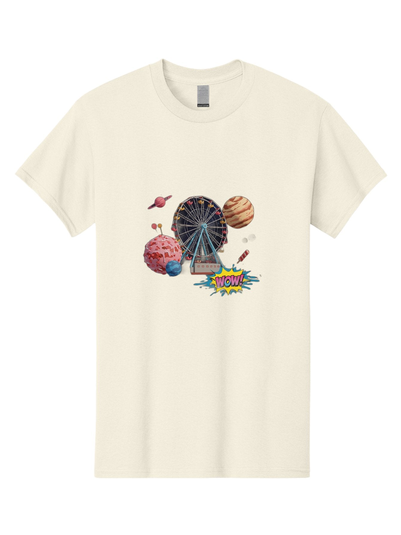 Wow Men'S Graphic Tee, 100% Cotton, Comfortable Casual Summer Wear, Machine Washable, Carnival Ferris Wheel, Planets, Explosion, Comic Speech Bubble, Wow Text, Colorful Illustration, Amusement Park, Whimsical Art, Fantasy Scene, Bad933 7