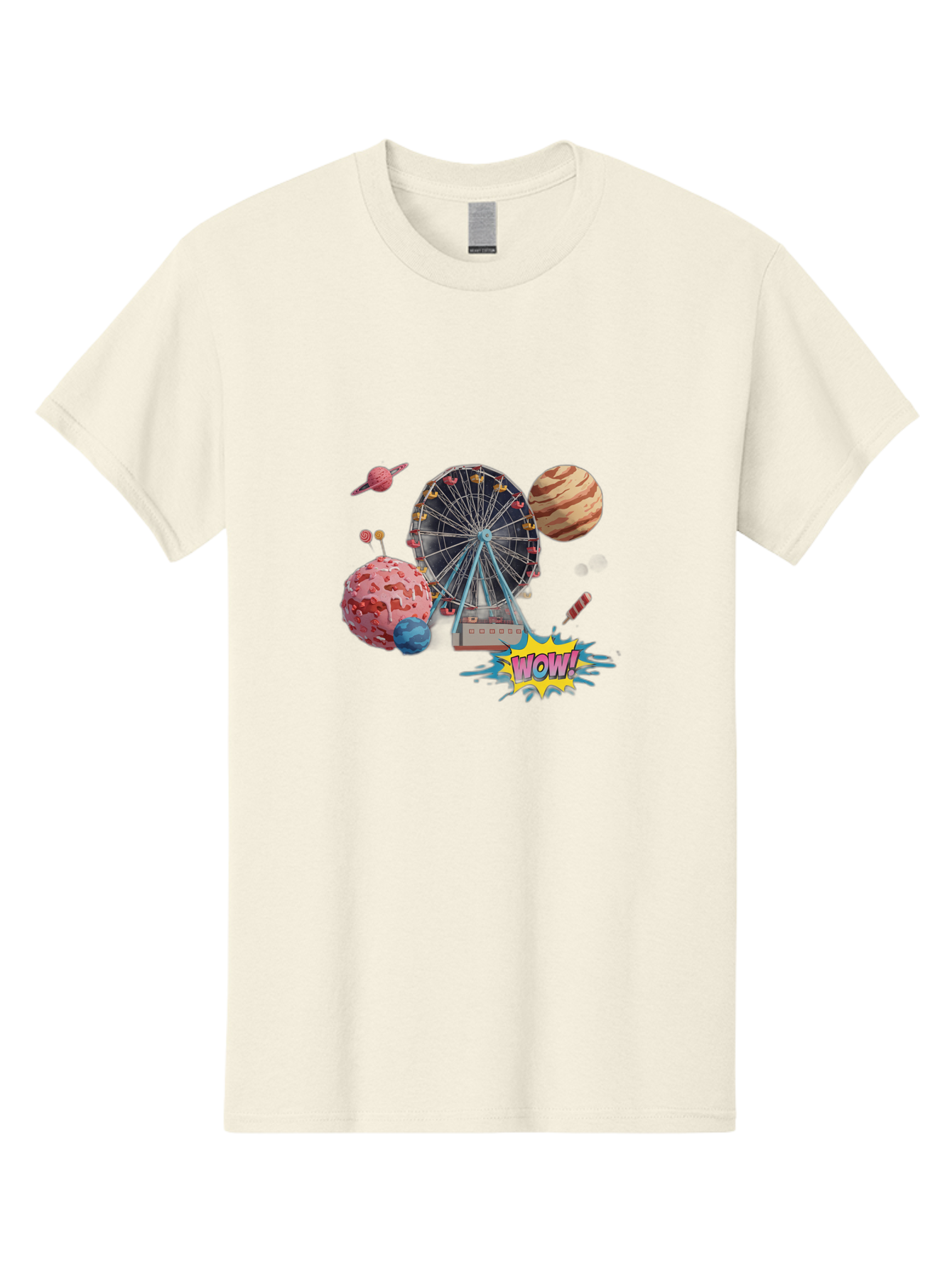 Wow Men'S Graphic Tee, 100% Cotton, Comfortable Casual Summer Wear, Machine Washable, Carnival Ferris Wheel, Planets, Explosion, Comic Speech Bubble, Wow Text, Colorful Illustration, Amusement Park, Whimsical Art, Fantasy Scene, Bad933 13