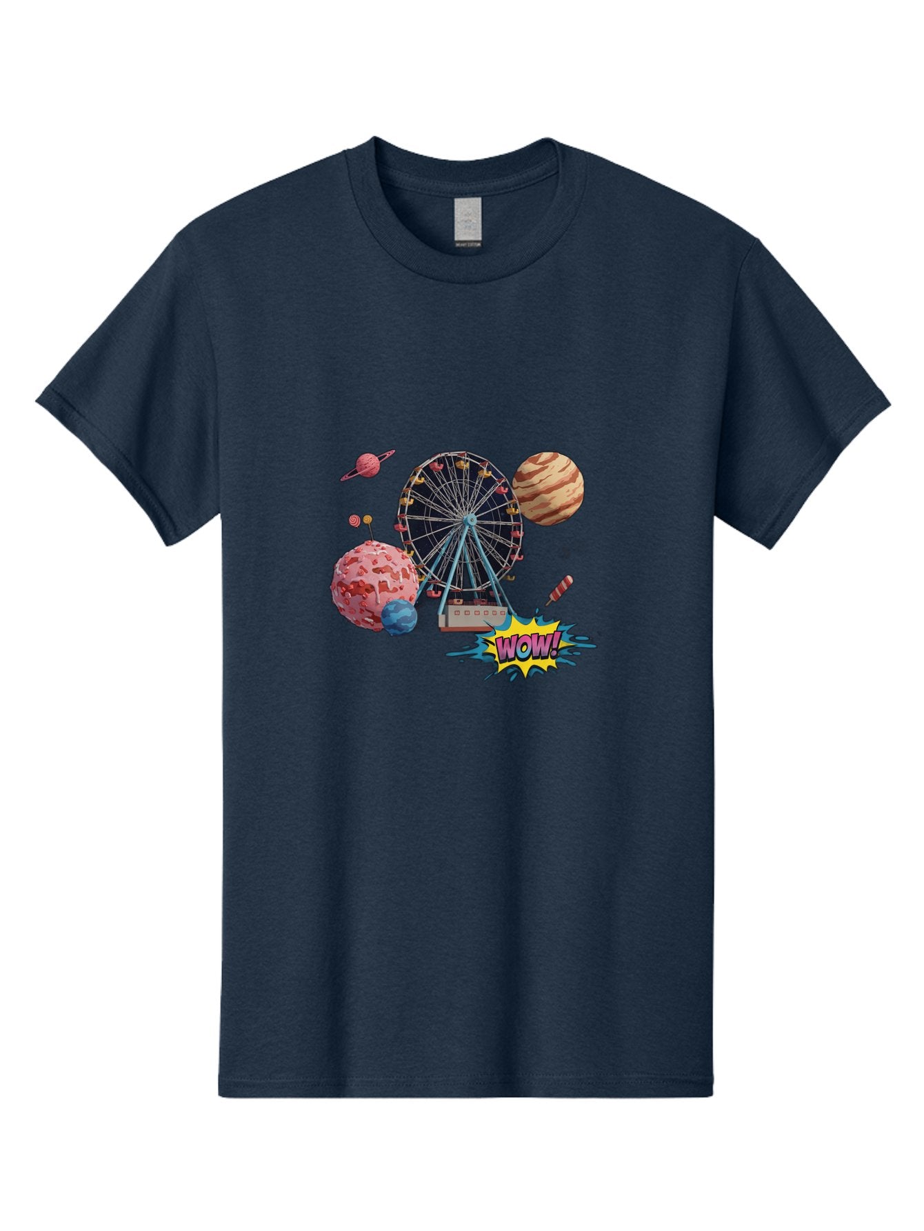 Wow Men'S Graphic Tee, 100% Cotton, Comfortable Casual Summer Wear, Machine Washable, Carnival Ferris Wheel, Planets, Explosion, Comic Speech Bubble, Wow Text, Colorful Illustration, Amusement Park, Whimsical Art, Fantasy Scene, Bad933 12