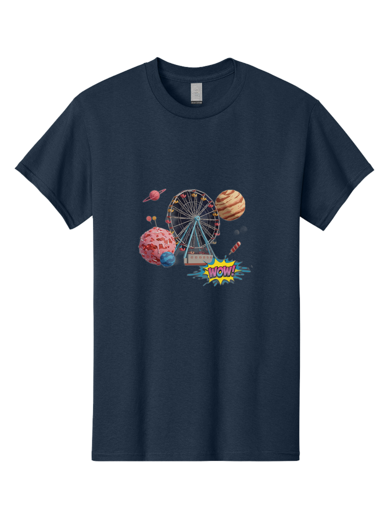 Wow Men'S Graphic Tee, 100% Cotton, Comfortable Casual Summer Wear, Machine Washable, Carnival Ferris Wheel, Planets, Explosion, Comic Speech Bubble, Wow Text, Colorful Illustration, Amusement Park, Whimsical Art, Fantasy Scene, Bad933 3