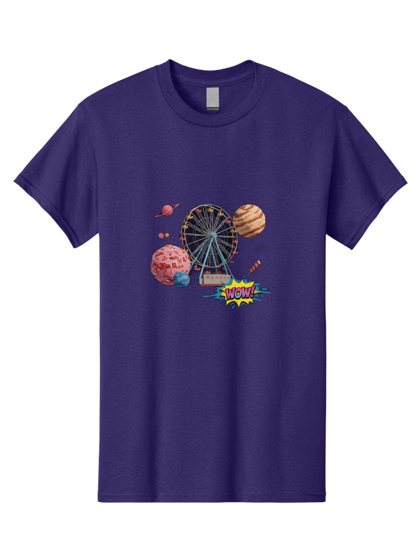 Wow Men'S Graphic Tee, 100% Cotton, Comfortable Casual Summer Wear, Machine Washable, Carnival Ferris Wheel, Planets, Explosion, Comic Speech Bubble, Wow Text, Colorful Illustration, Amusement Park, Whimsical Art, Fantasy Scene, Bad933
