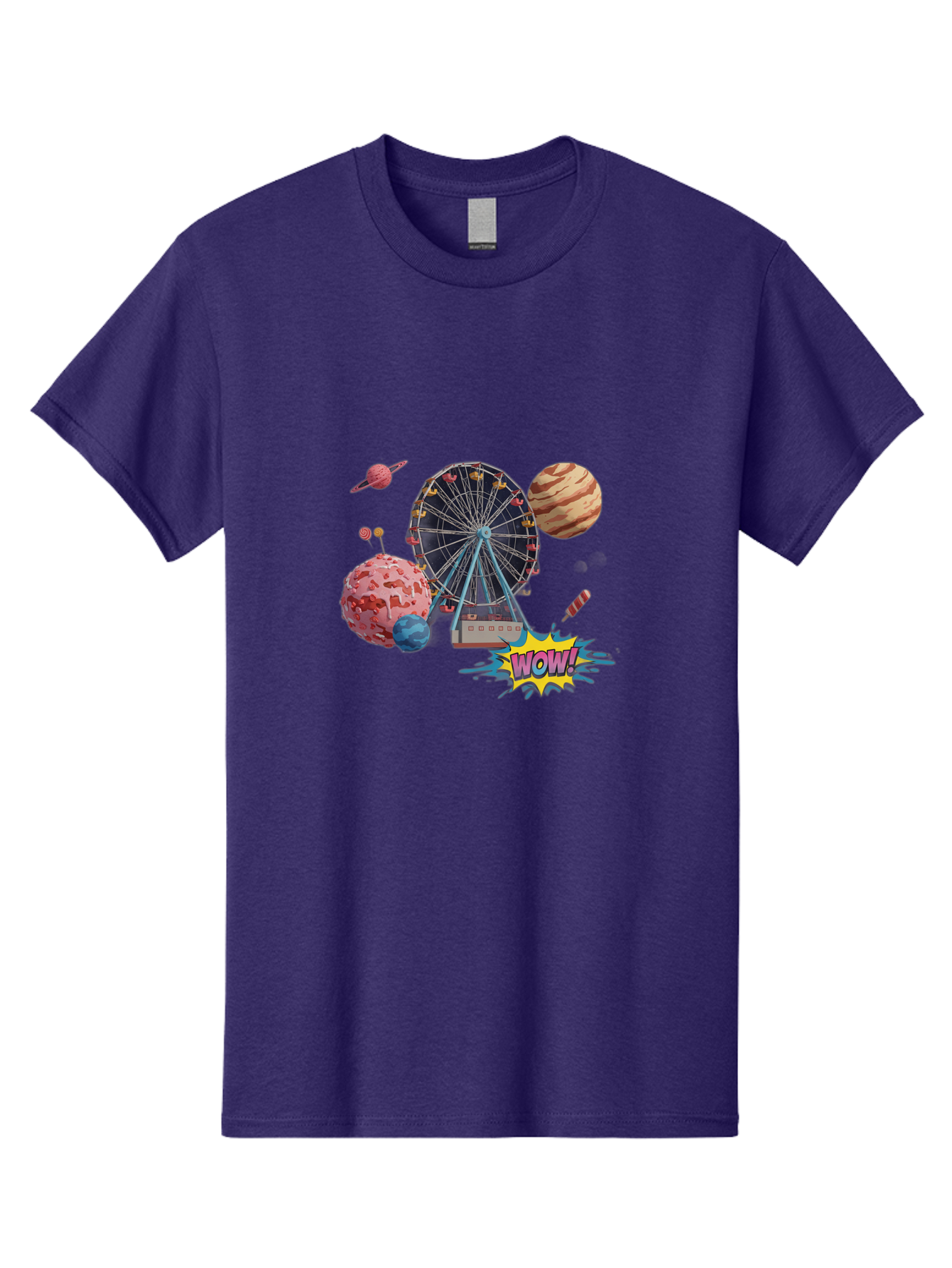 Wow Men'S Graphic Tee, 100% Cotton, Comfortable Casual Summer Wear, Machine Washable, Carnival Ferris Wheel, Planets, Explosion, Comic Speech Bubble, Wow Text, Colorful Illustration, Amusement Park, Whimsical Art, Fantasy Scene, Bad933 11