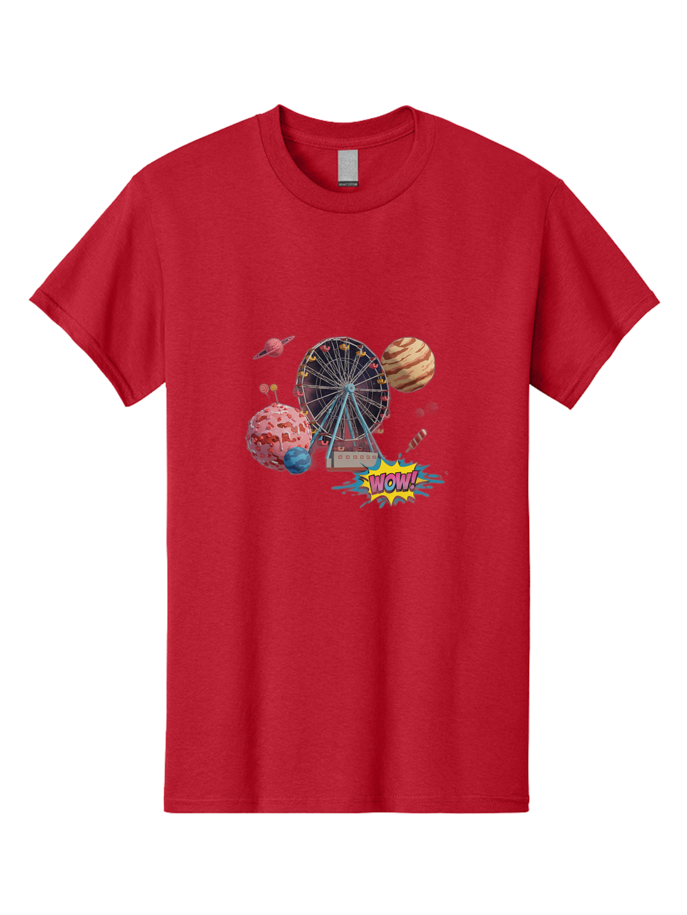 Wow Men'S Graphic Tee, 100% Cotton, Comfortable Casual Summer Wear, Machine Washable, Carnival Ferris Wheel, Planets, Explosion, Comic Speech Bubble, Wow Text, Colorful Illustration, Amusement Park, Whimsical Art, Fantasy Scene, Bad933 12