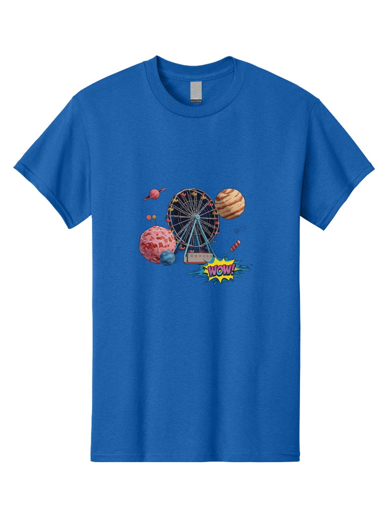 Wow Men'S Graphic Tee, 100% Cotton, Comfortable Casual Summer Wear, Machine Washable, Carnival Ferris Wheel, Planets, Explosion, Comic Speech Bubble, Wow Text, Colorful Illustration, Amusement Park, Whimsical Art, Fantasy Scene, Bad933 15