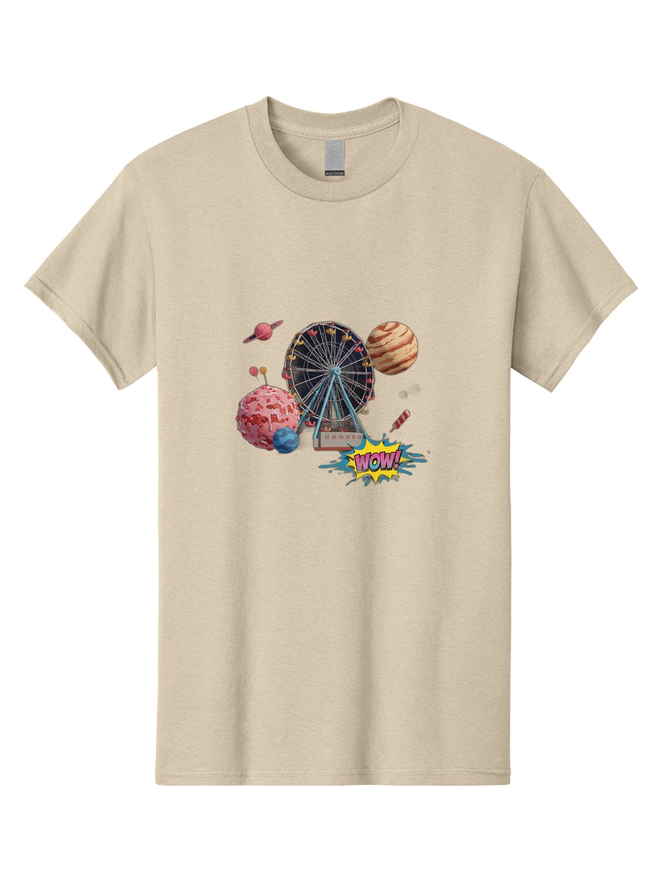 Wow Men'S Graphic Tee, 100% Cotton, Comfortable Casual Summer Wear, Machine Washable, Carnival Ferris Wheel, Planets, Explosion, Comic Speech Bubble, Wow Text, Colorful Illustration, Amusement Park, Whimsical Art, Fantasy Scene, Bad933 13