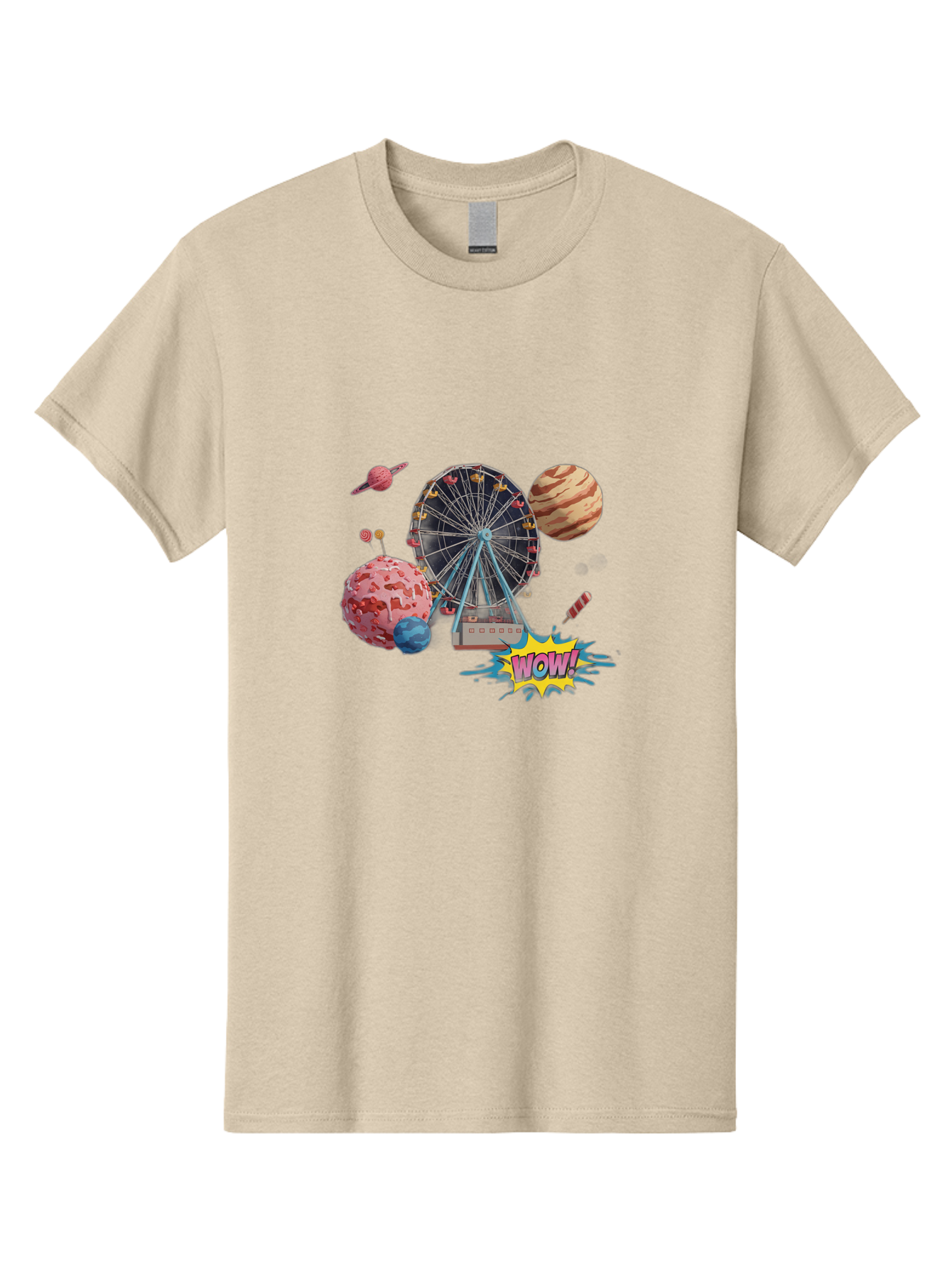 Wow Men'S Graphic Tee, 100% Cotton, Comfortable Casual Summer Wear, Machine Washable, Carnival Ferris Wheel, Planets, Explosion, Comic Speech Bubble, Wow Text, Colorful Illustration, Amusement Park, Whimsical Art, Fantasy Scene, Bad933 15