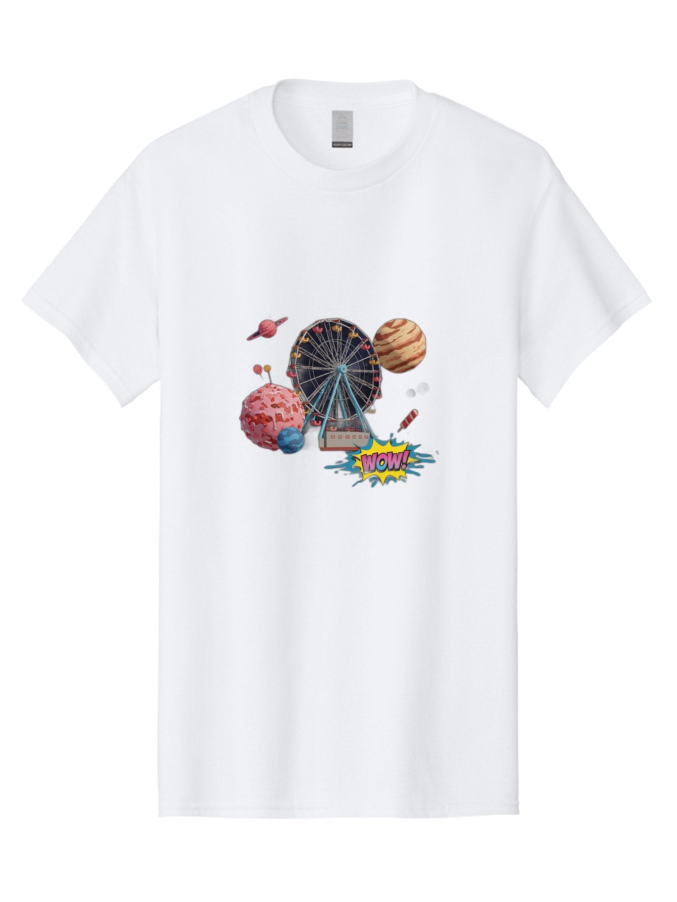 Wow Men'S Graphic Tee, 100% Cotton, Comfortable Casual Summer Wear, Machine Washable, Carnival Ferris Wheel, Planets, Explosion, Comic Speech Bubble, Wow Text, Colorful Illustration, Amusement Park, Whimsical Art, Fantasy Scene, Bad933 3