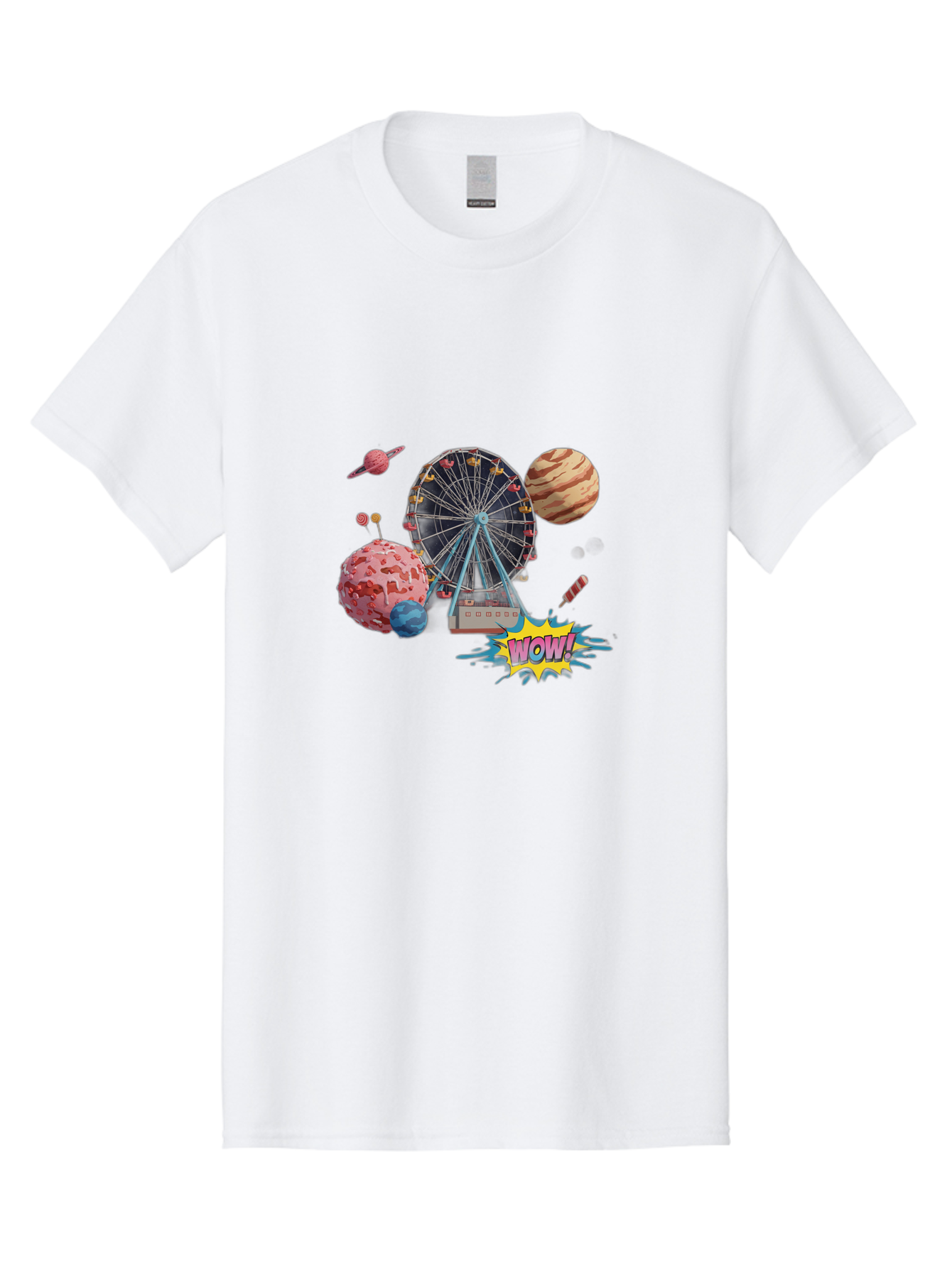Wow Men'S Graphic Tee, 100% Cotton, Comfortable Casual Summer Wear, Machine Washable, Carnival Ferris Wheel, Planets, Explosion, Comic Speech Bubble, Wow Text, Colorful Illustration, Amusement Park, Whimsical Art, Fantasy Scene, Bad933 9
