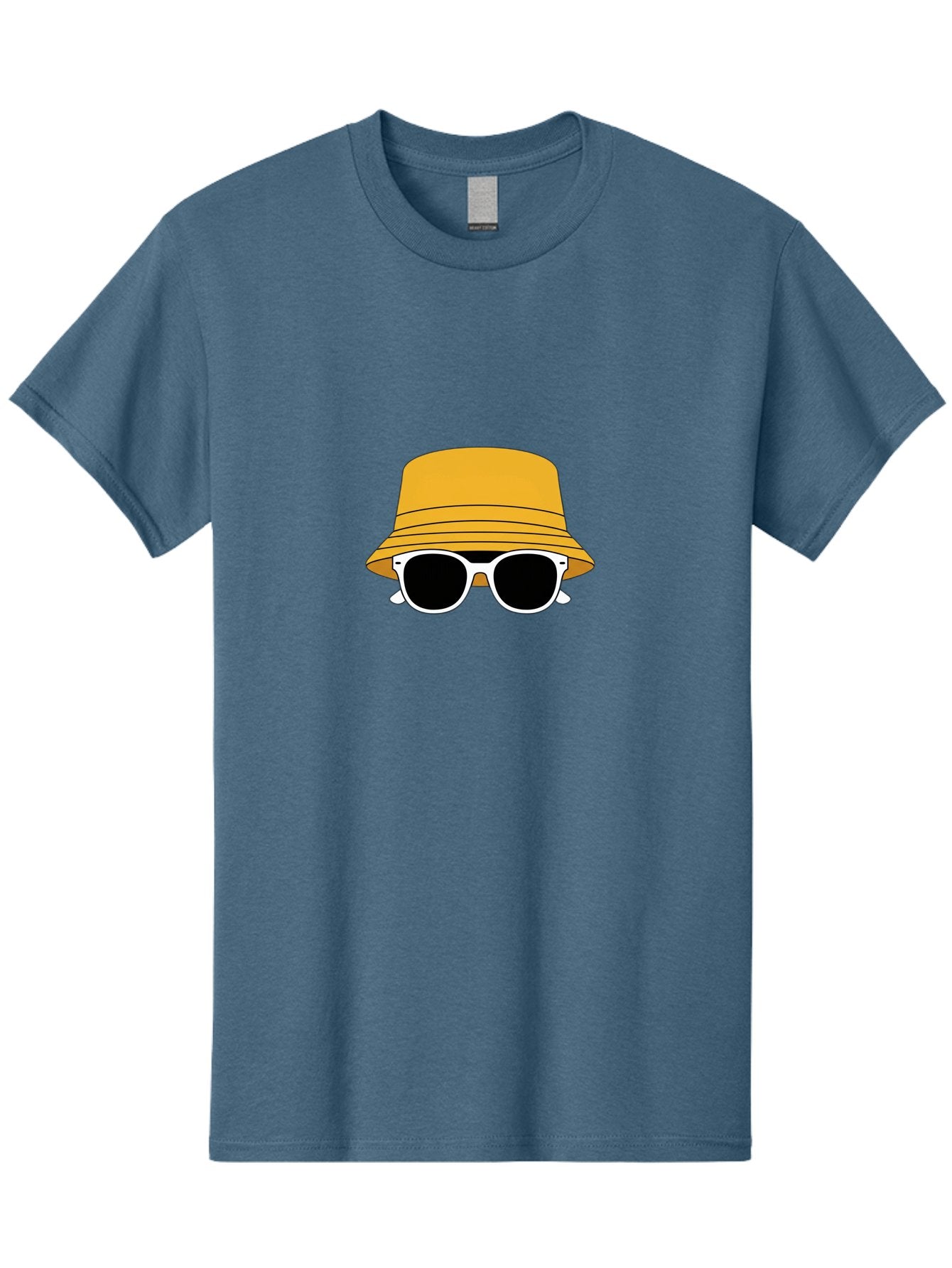 Yellow-Bucket-Hat-And-Sunglasses Men'S Graphic Tee, 100% Cotton, Comfortable Casual Summer Wear, Machine Washable, Cartoon Style, White Sunglasses, Yellow Bucket Hat, Minimalist Design, Fashion Accessory, Trendy Look, Cool Shades, Summer Vibe Bad938 12