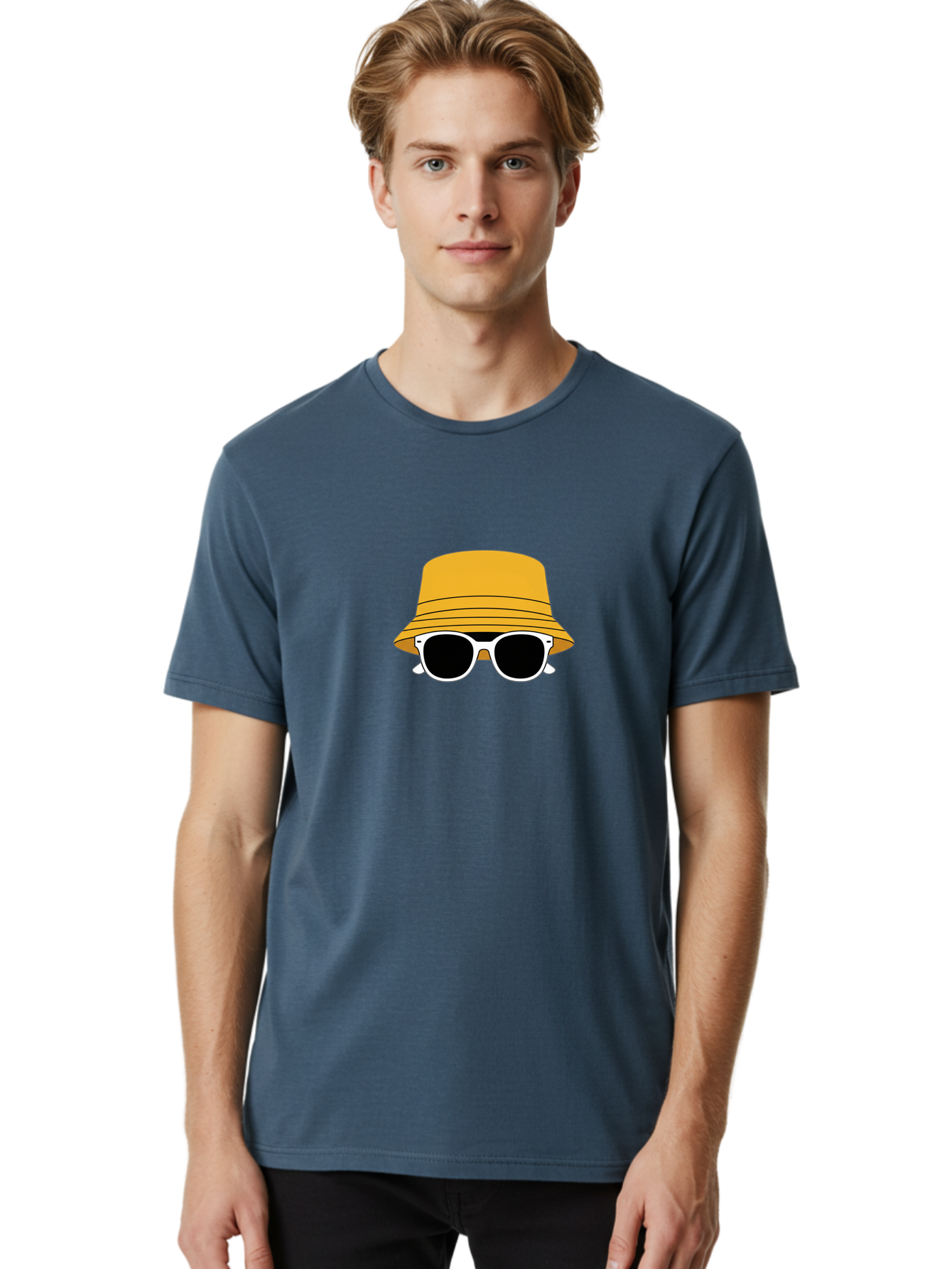 Yellow-Bucket-Hat-And-Sunglasses Men'S Graphic Tee, 100% Cotton, Comfortable Casual Summer Wear, Machine Washable, Cartoon Style, White Sunglasses, Yellow Bucket Hat, Minimalist Design, Fashion Accessory, Trendy Look, Cool Shades, Summer Vibe Bad938 18