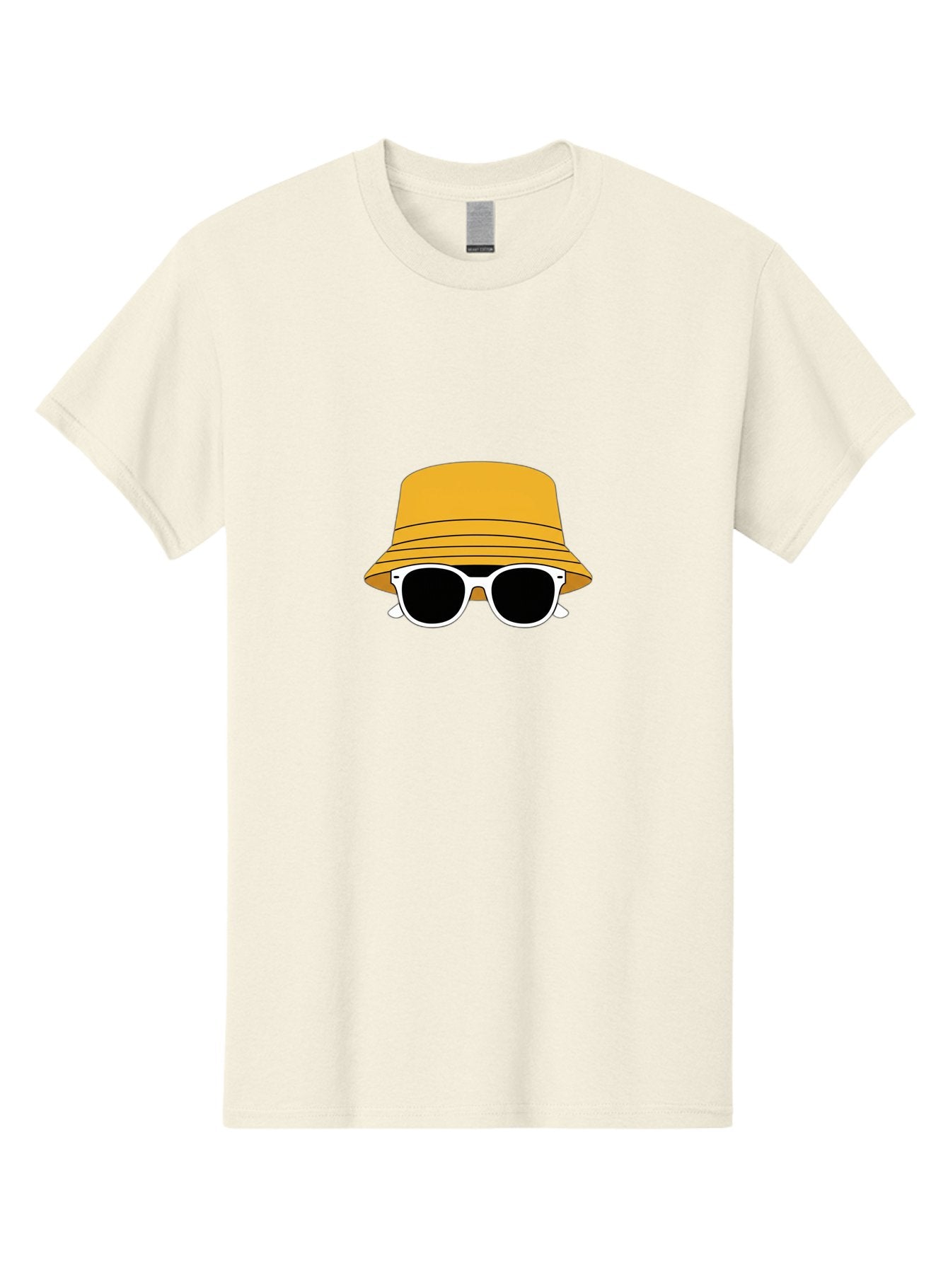 Yellow-Bucket-Hat-And-Sunglasses Men'S Graphic Tee, 100% Cotton, Comfortable Casual Summer Wear, Machine Washable, Cartoon Style, White Sunglasses, Yellow Bucket Hat, Minimalist Design, Fashion Accessory, Trendy Look, Cool Shades, Summer Vibe Bad938 7