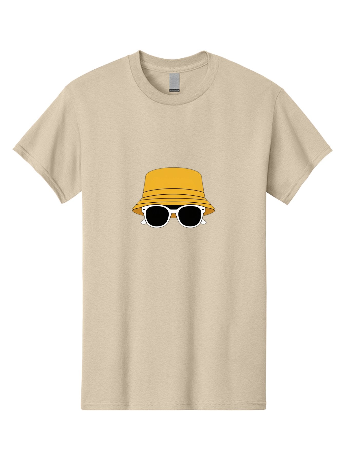 Yellow-Bucket-Hat-And-Sunglasses Men'S Graphic Tee, 100% Cotton, Comfortable Casual Summer Wear, Machine Washable, Cartoon Style, White Sunglasses, Yellow Bucket Hat, Minimalist Design, Fashion Accessory, Trendy Look, Cool Shades, Summer Vibe Bad938 9