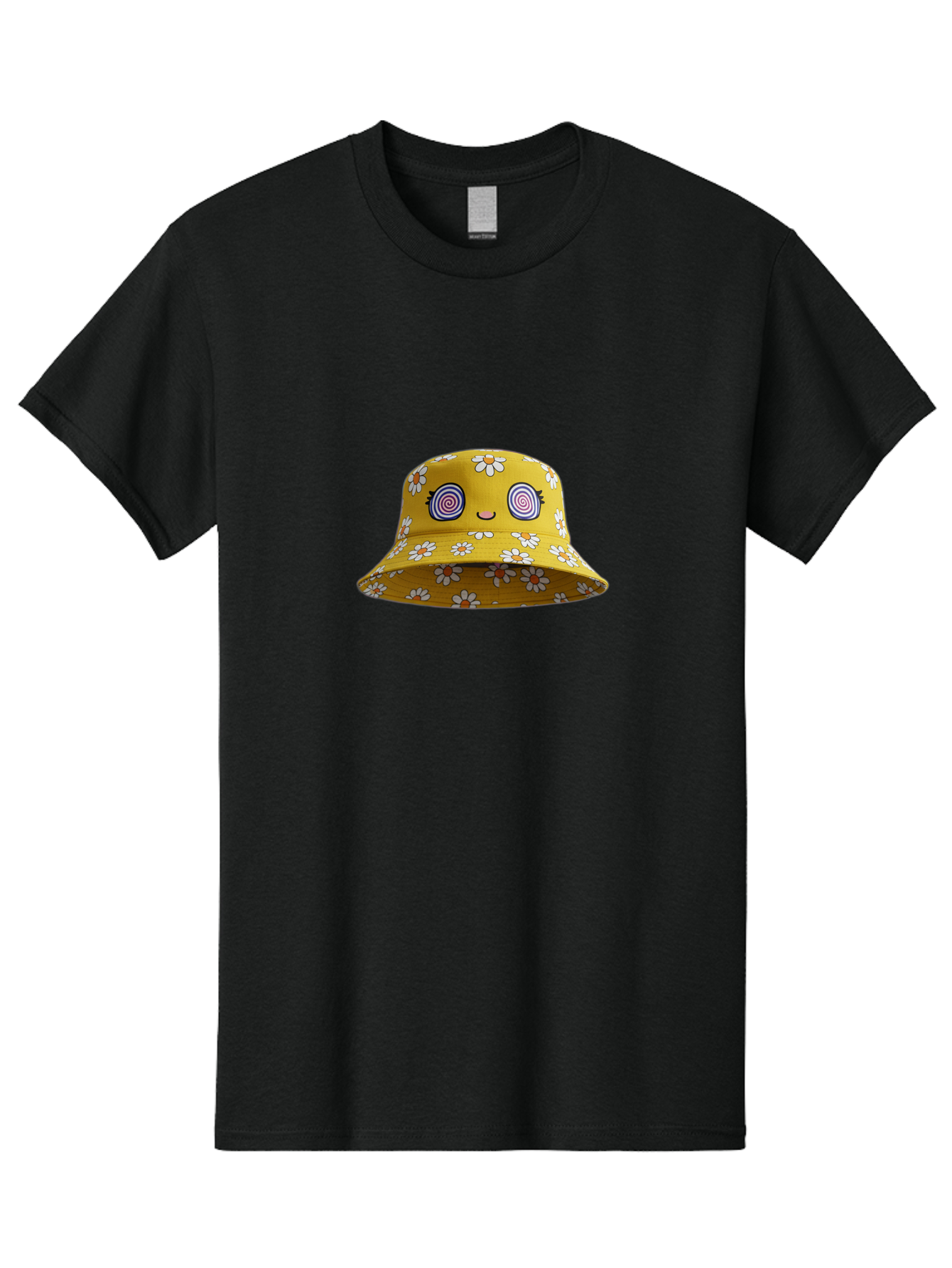 Yellow-Floral-Bucket-Hat Men'S Graphic Tee, 100% Cotton, Comfortable Casual Summer Wear, Machine Washable, Yellow Bucket Hat, Floral Pattern, Cartoon Face, Spiral Eyes, Smiling Mouth, Feminine Lashes, Fashion Accessory, Summer Hat, Beachwear, Bad939 3