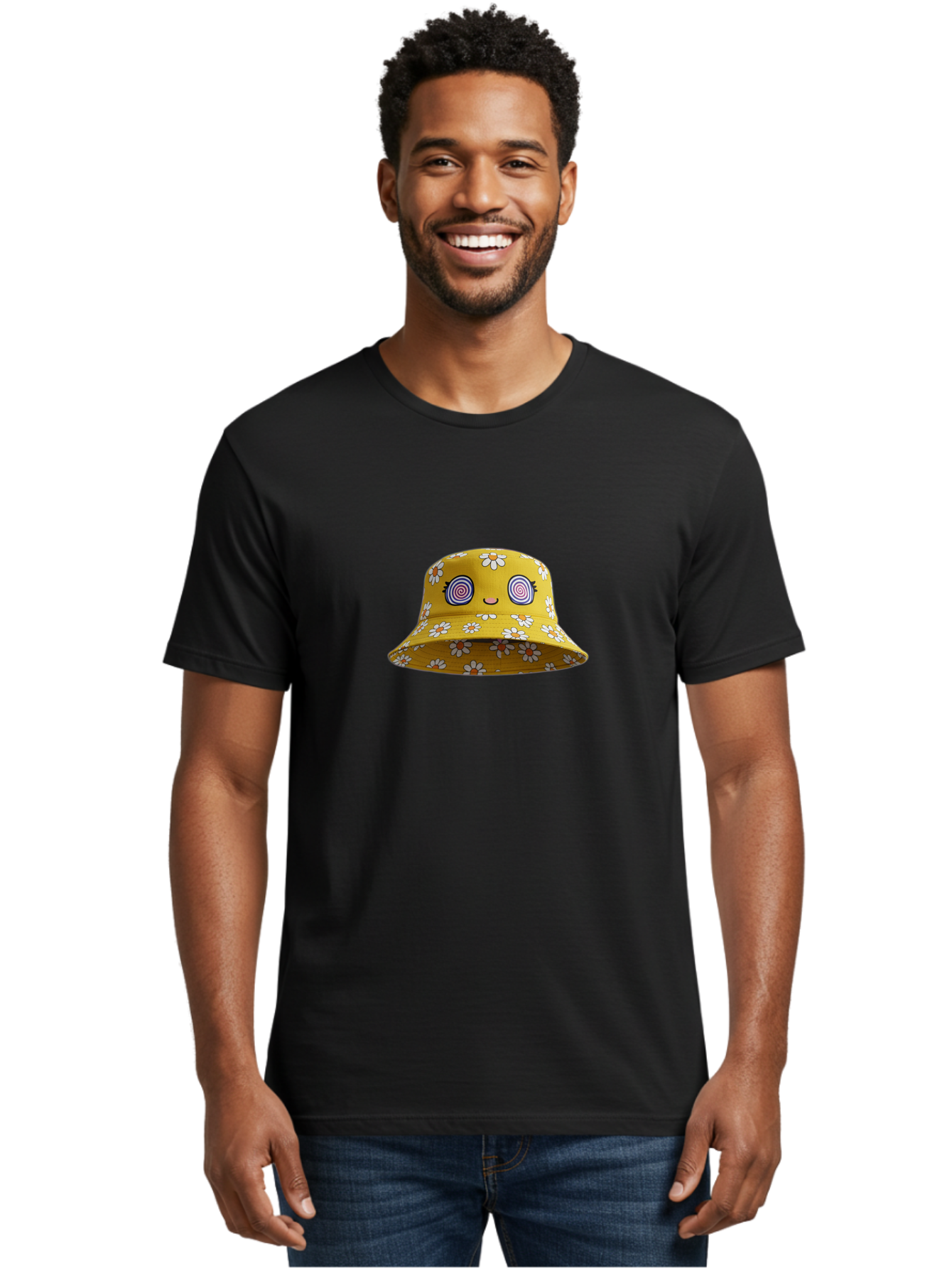 Yellow-Floral-Bucket-Hat Men'S Graphic Tee, 100% Cotton, Comfortable Casual Summer Wear, Machine Washable, Yellow Bucket Hat, Floral Pattern, Cartoon Face, Spiral Eyes, Smiling Mouth, Feminine Lashes, Fashion Accessory, Summer Hat, Beachwear, Bad939 18