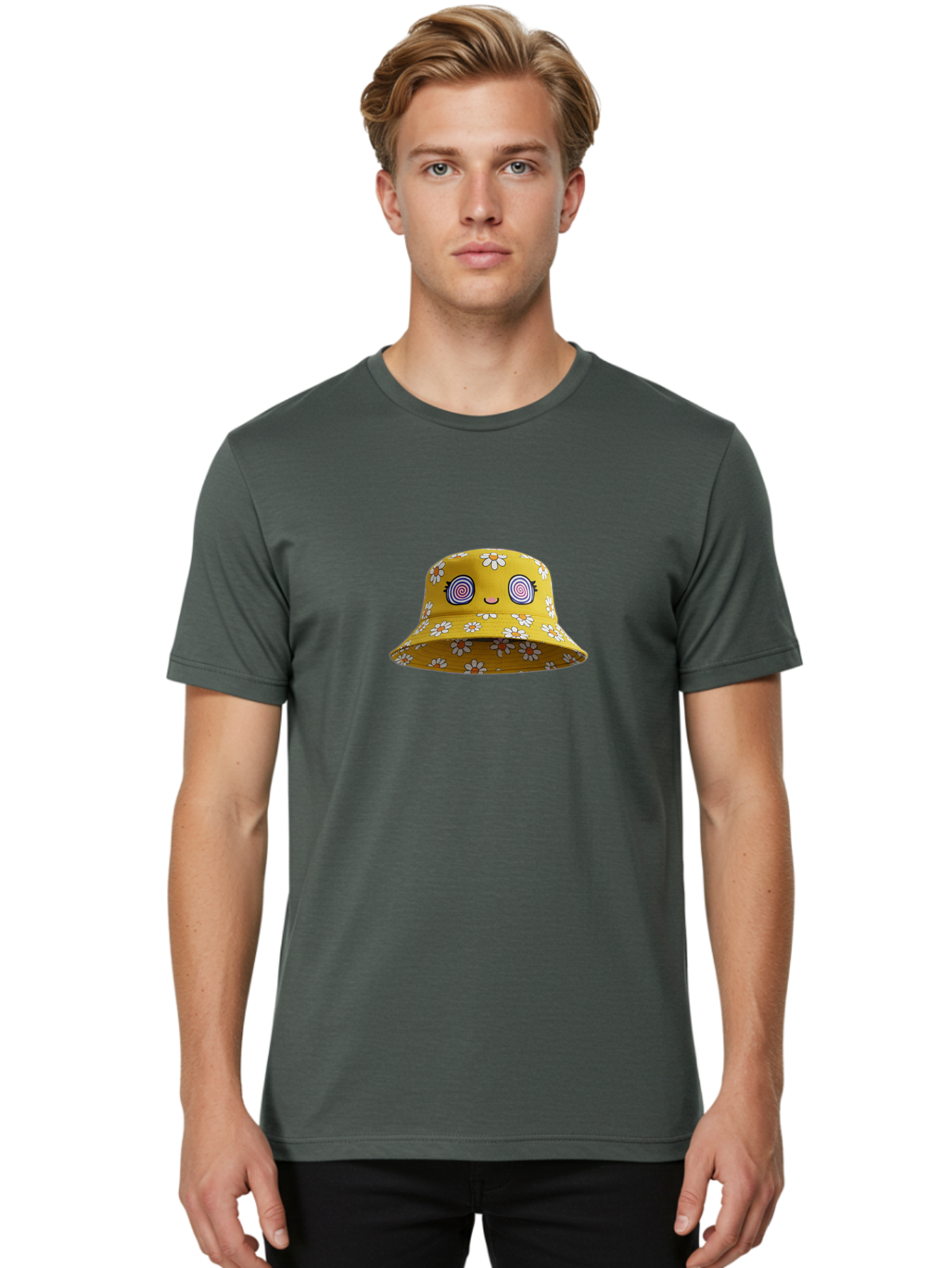 Yellow-Floral-Bucket-Hat Men'S Graphic Tee, 100% Cotton, Comfortable Casual Summer Wear, Machine Washable, Yellow Bucket Hat, Floral Pattern, Cartoon Face, Spiral Eyes, Smiling Mouth, Feminine Lashes, Fashion Accessory, Summer Hat, Beachwear, Bad939 27