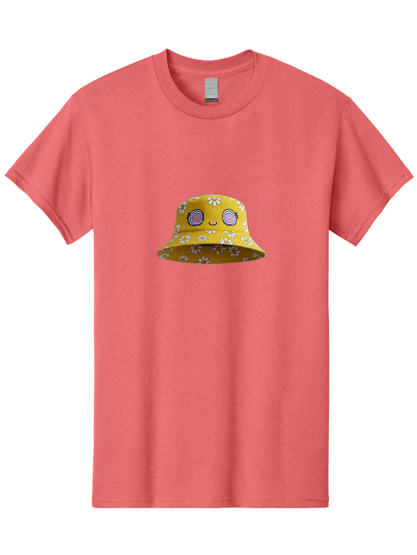 Yellow-Floral-Bucket-Hat Men'S Graphic Tee, 100% Cotton, Comfortable Casual Summer Wear, Machine Washable, Yellow Bucket Hat, Floral Pattern, Cartoon Face, Spiral Eyes, Smiling Mouth, Feminine Lashes, Fashion Accessory, Summer Hat, Beachwear, Bad939 14