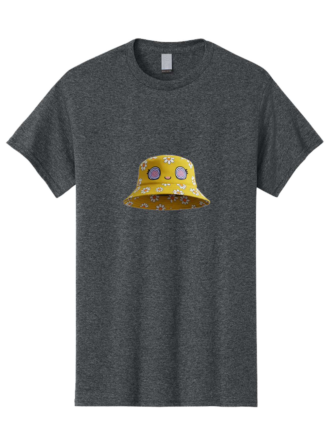 Yellow-Floral-Bucket-Hat Men'S Graphic Tee, 100% Cotton, Comfortable Casual Summer Wear, Machine Washable, Yellow Bucket Hat, Floral Pattern, Cartoon Face, Spiral Eyes, Smiling Mouth, Feminine Lashes, Fashion Accessory, Summer Hat, Beachwear, Bad939 9