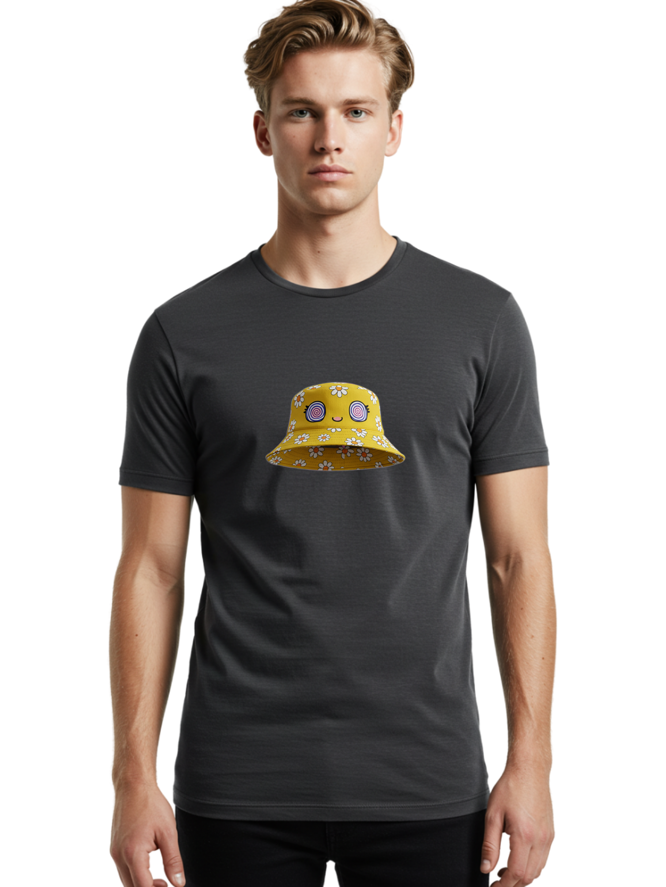 Yellow-Floral-Bucket-Hat Men'S Graphic Tee, 100% Cotton, Comfortable Casual Summer Wear, Machine Washable, Yellow Bucket Hat, Floral Pattern, Cartoon Face, Spiral Eyes, Smiling Mouth, Feminine Lashes, Fashion Accessory, Summer Hat, Beachwear, Bad939 24
