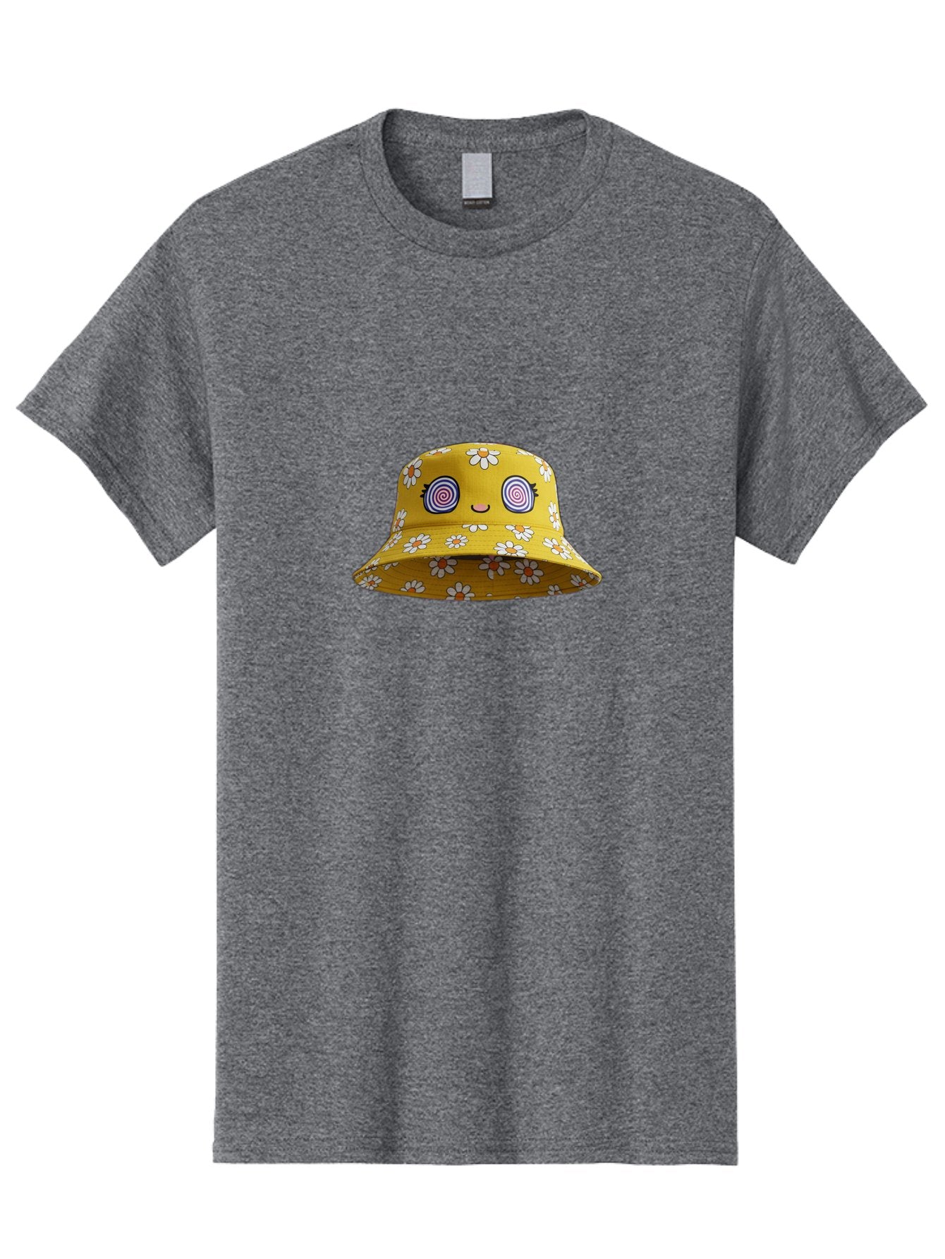Yellow-Floral-Bucket-Hat Men'S Graphic Tee, 100% Cotton, Comfortable Casual Summer Wear, Machine Washable, Yellow Bucket Hat, Floral Pattern, Cartoon Face, Spiral Eyes, Smiling Mouth, Feminine Lashes, Fashion Accessory, Summer Hat, Beachwear, Bad939 8