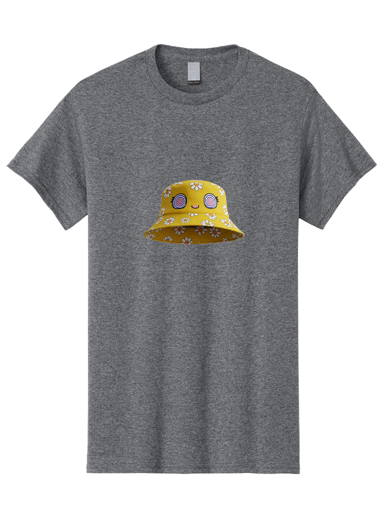 Yellow-Floral-Bucket-Hat Men'S Graphic Tee, 100% Cotton, Comfortable Casual Summer Wear, Machine Washable, Yellow Bucket Hat, Floral Pattern, Cartoon Face, Spiral Eyes, Smiling Mouth, Feminine Lashes, Fashion Accessory, Summer Hat, Beachwear, Bad939 6