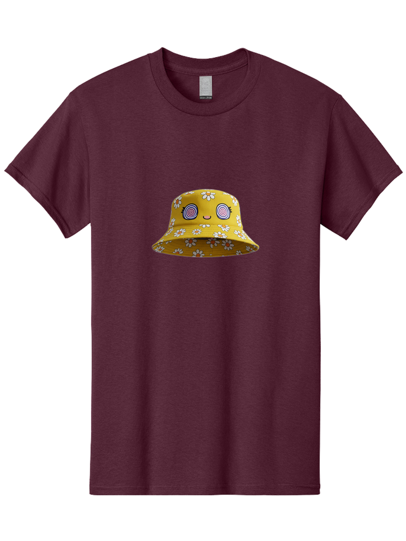 Yellow-Floral-Bucket-Hat Men'S Graphic Tee, 100% Cotton, Comfortable Casual Summer Wear, Machine Washable, Yellow Bucket Hat, Floral Pattern, Cartoon Face, Spiral Eyes, Smiling Mouth, Feminine Lashes, Fashion Accessory, Summer Hat, Beachwear, Bad939