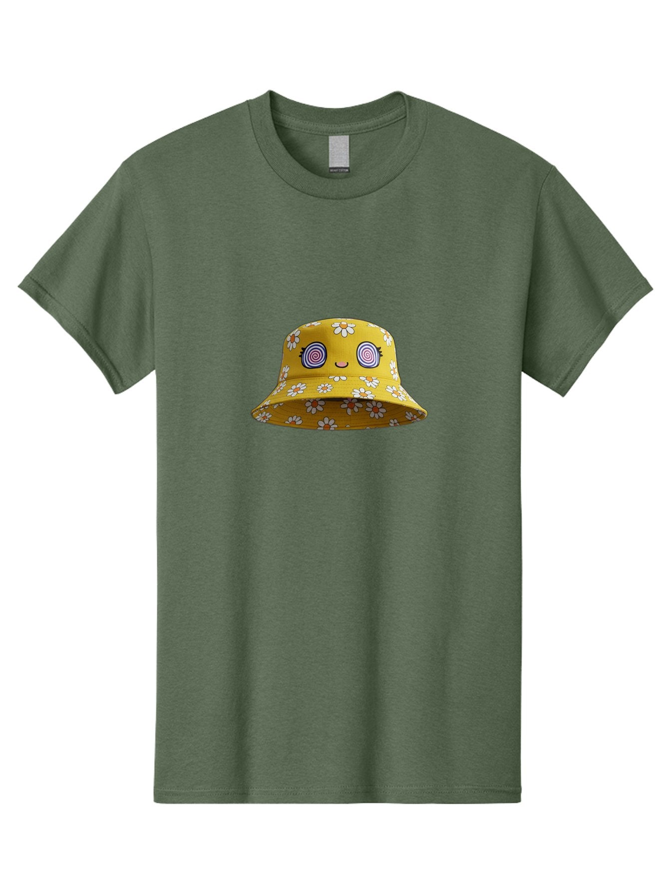 Yellow-Floral-Bucket-Hat Men'S Graphic Tee, 100% Cotton, Comfortable Casual Summer Wear, Machine Washable, Yellow Bucket Hat, Floral Pattern, Cartoon Face, Spiral Eyes, Smiling Mouth, Feminine Lashes, Fashion Accessory, Summer Hat, Beachwear, Bad939 6