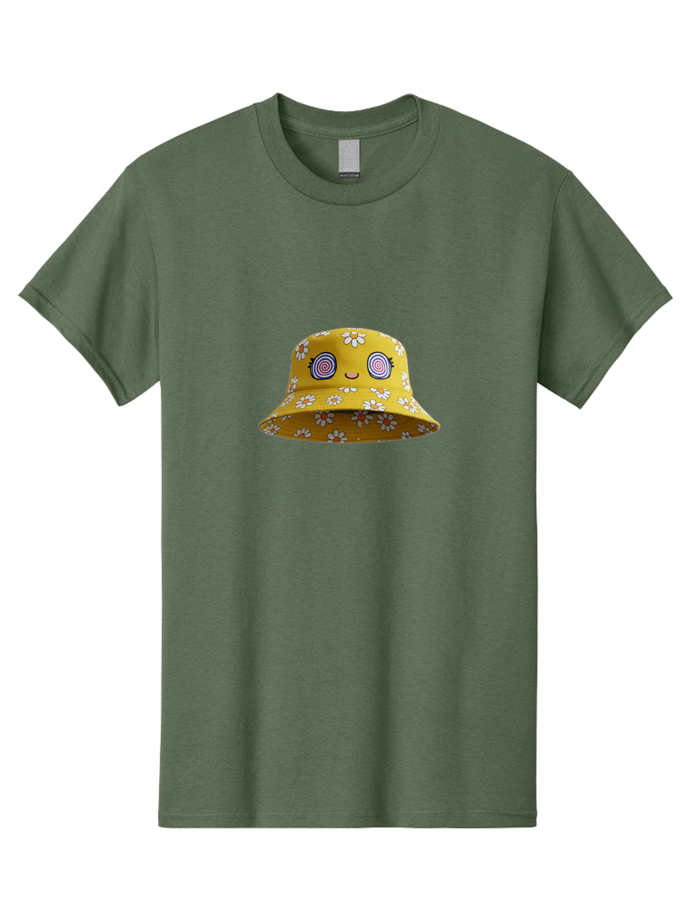 Yellow-Floral-Bucket-Hat Men'S Graphic Tee, 100% Cotton, Comfortable Casual Summer Wear, Machine Washable, Yellow Bucket Hat, Floral Pattern, Cartoon Face, Spiral Eyes, Smiling Mouth, Feminine Lashes, Fashion Accessory, Summer Hat, Beachwear, Bad939 7