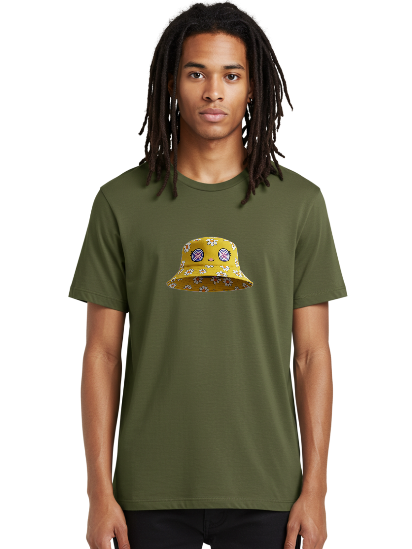 Yellow-Floral-Bucket-Hat Men'S Graphic Tee, 100% Cotton, Comfortable Casual Summer Wear, Machine Washable, Yellow Bucket Hat, Floral Pattern, Cartoon Face, Spiral Eyes, Smiling Mouth, Feminine Lashes, Fashion Accessory, Summer Hat, Beachwear, Bad939 22