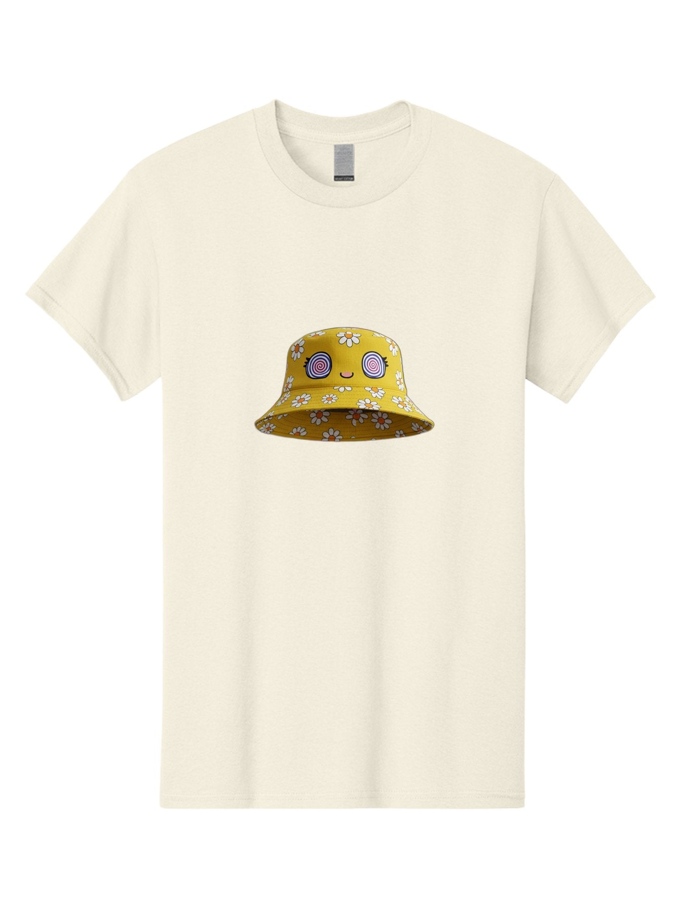 Yellow-Floral-Bucket-Hat Men'S Graphic Tee, 100% Cotton, Comfortable Casual Summer Wear, Machine Washable, Yellow Bucket Hat, Floral Pattern, Cartoon Face, Spiral Eyes, Smiling Mouth, Feminine Lashes, Fashion Accessory, Summer Hat, Beachwear, Bad939 5