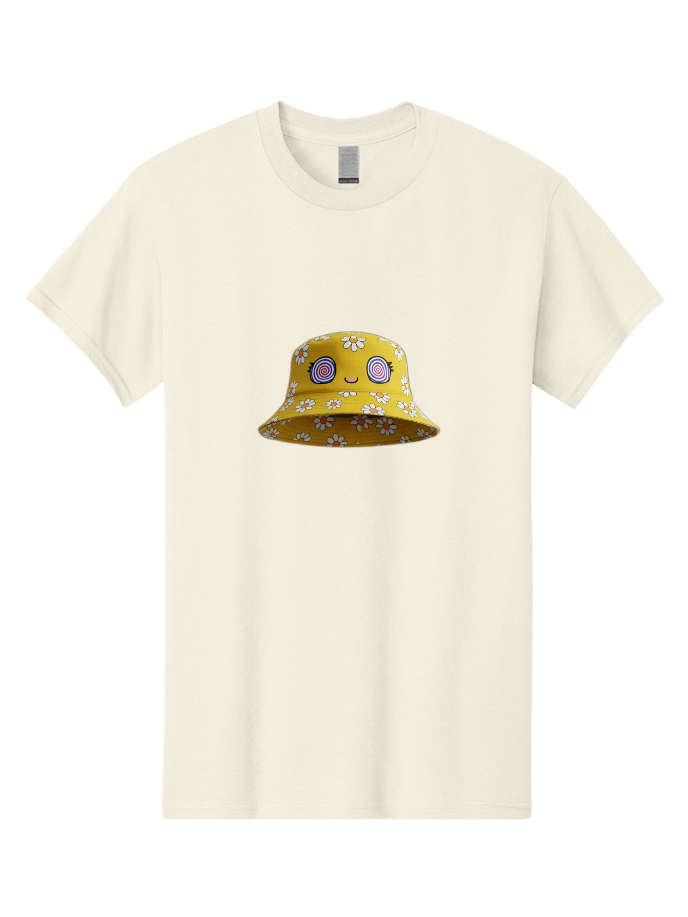 Yellow-Floral-Bucket-Hat Men'S Graphic Tee, 100% Cotton, Comfortable Casual Summer Wear, Machine Washable, Yellow Bucket Hat, Floral Pattern, Cartoon Face, Spiral Eyes, Smiling Mouth, Feminine Lashes, Fashion Accessory, Summer Hat, Beachwear, Bad939 8
